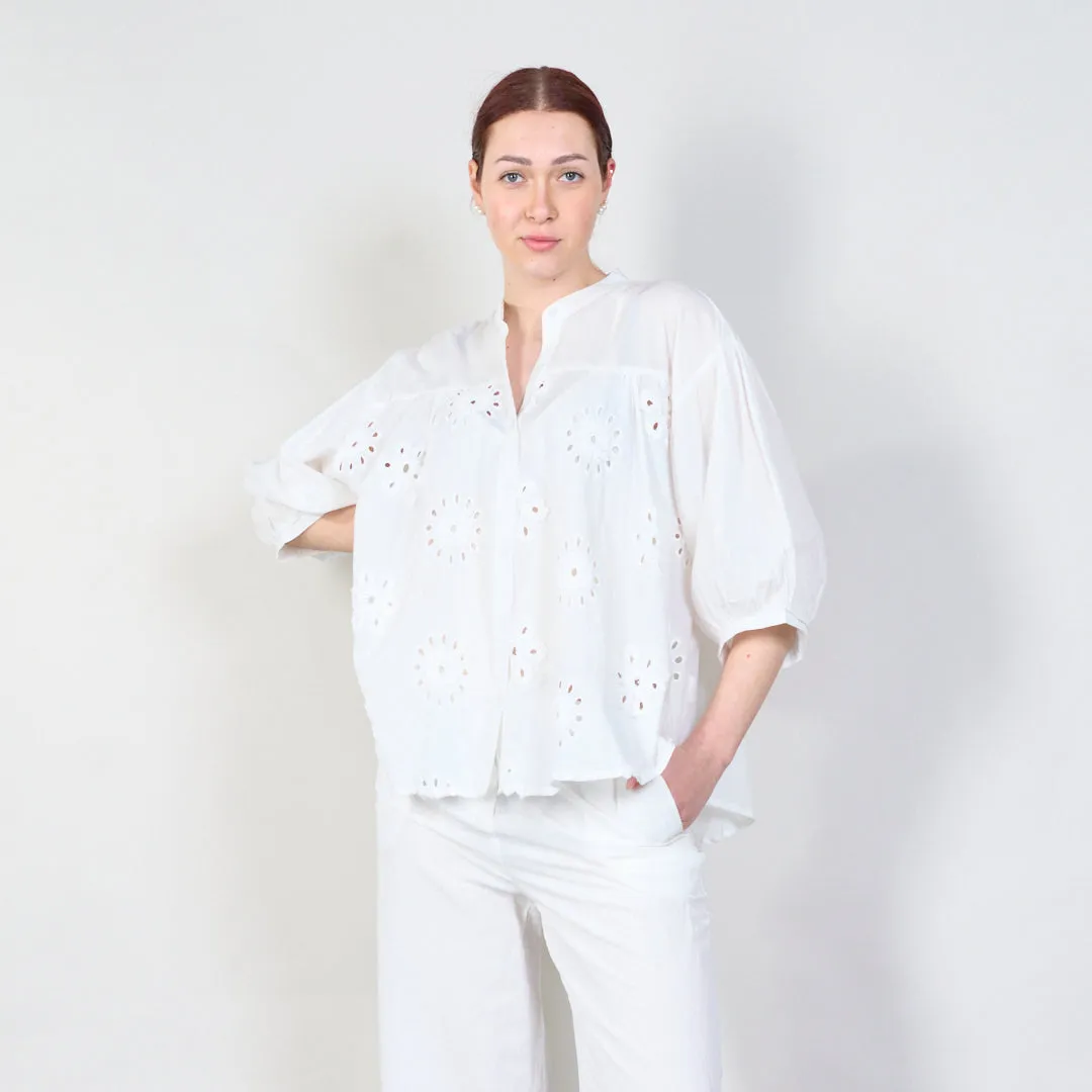Embroidered puff sleeve blouse with button details wholesale