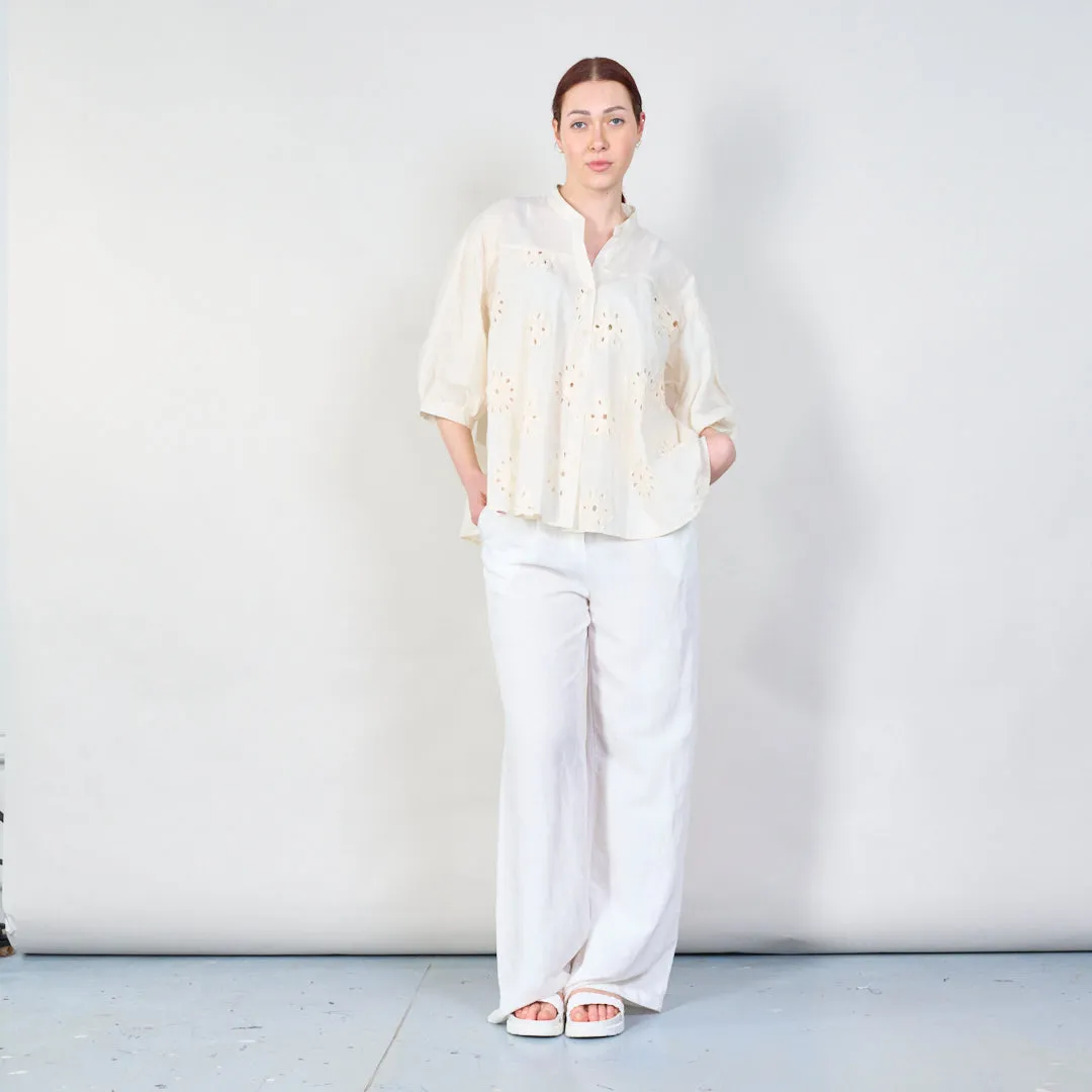 Embroidered puff sleeve blouse with button details wholesale