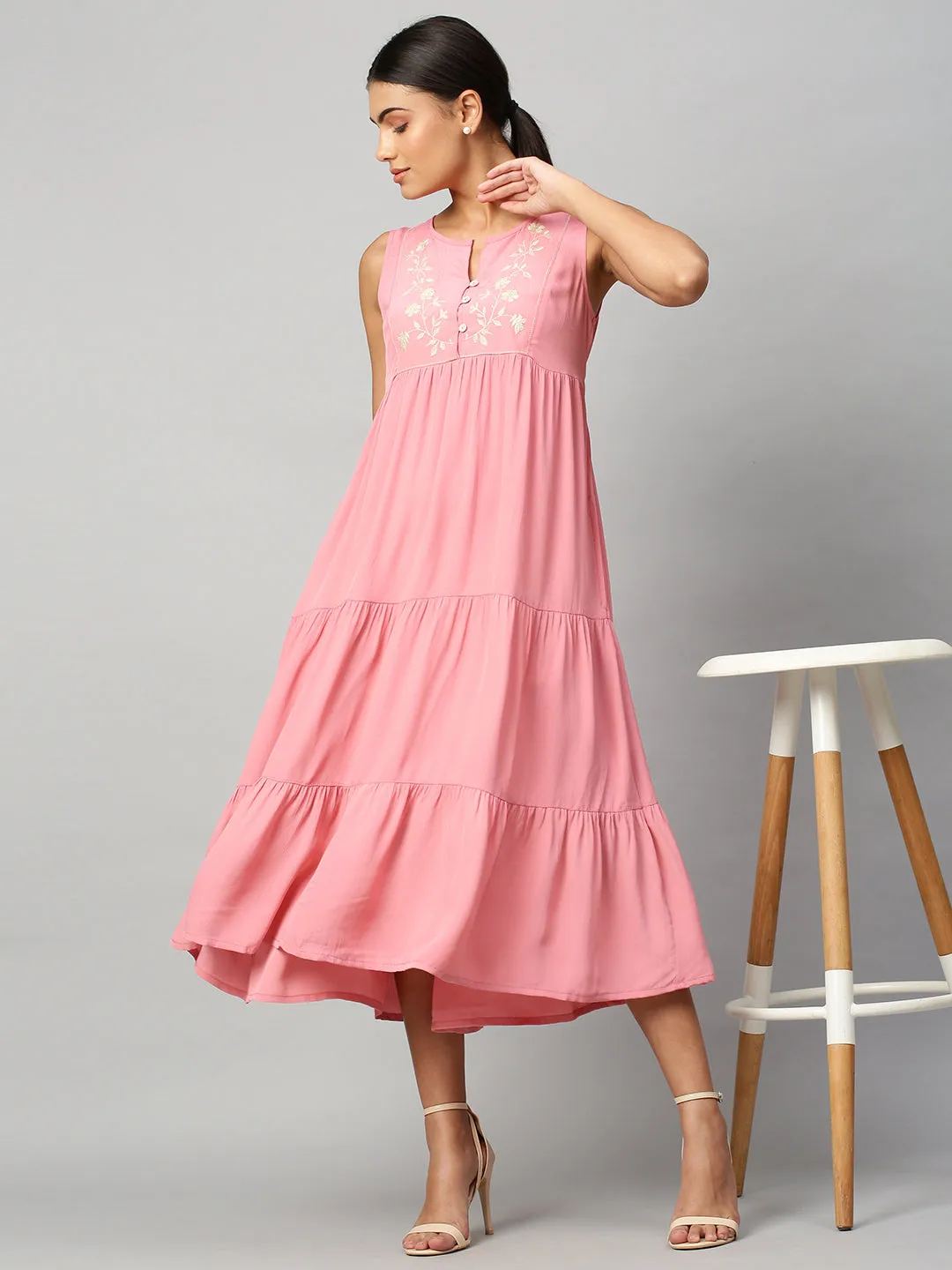 Embroidered Viscose Crepe Tiered Dress
