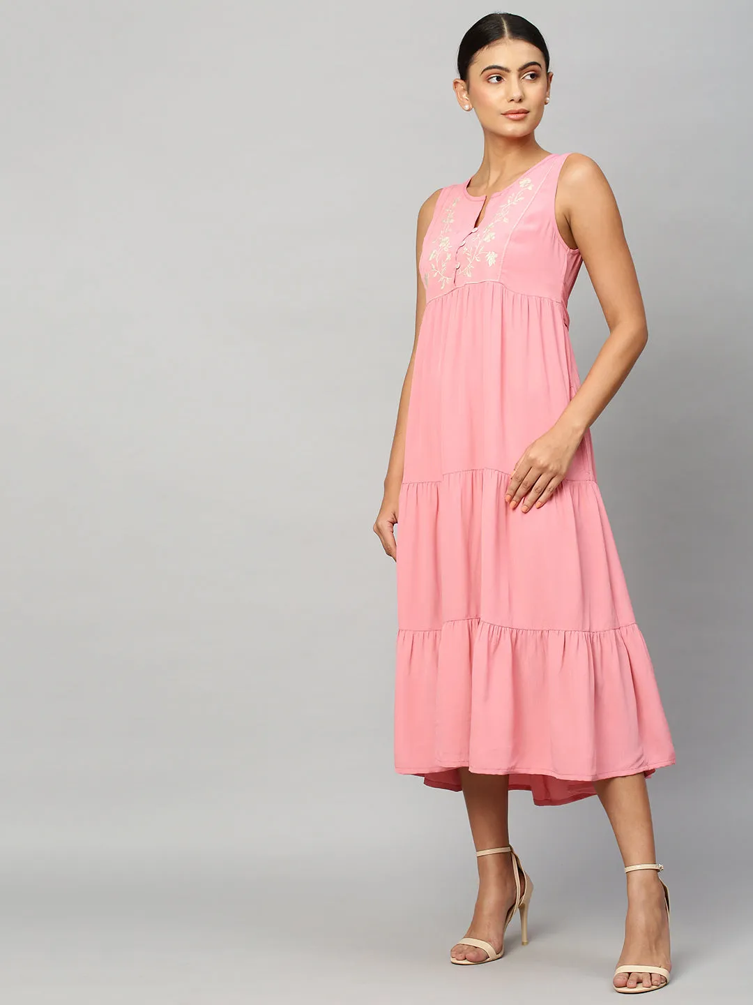 Embroidered Viscose Crepe Tiered Dress