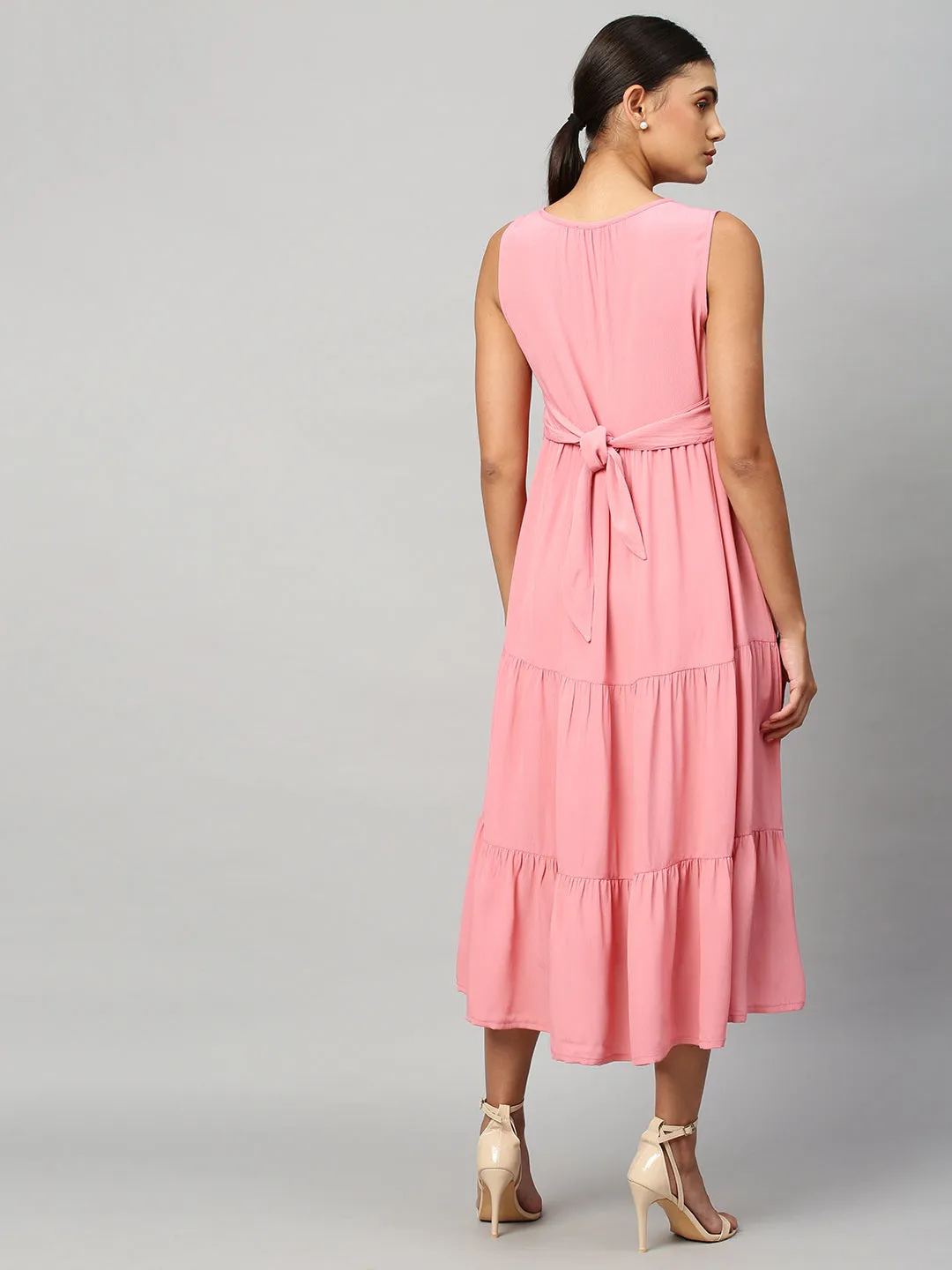 Embroidered Viscose Crepe Tiered Dress