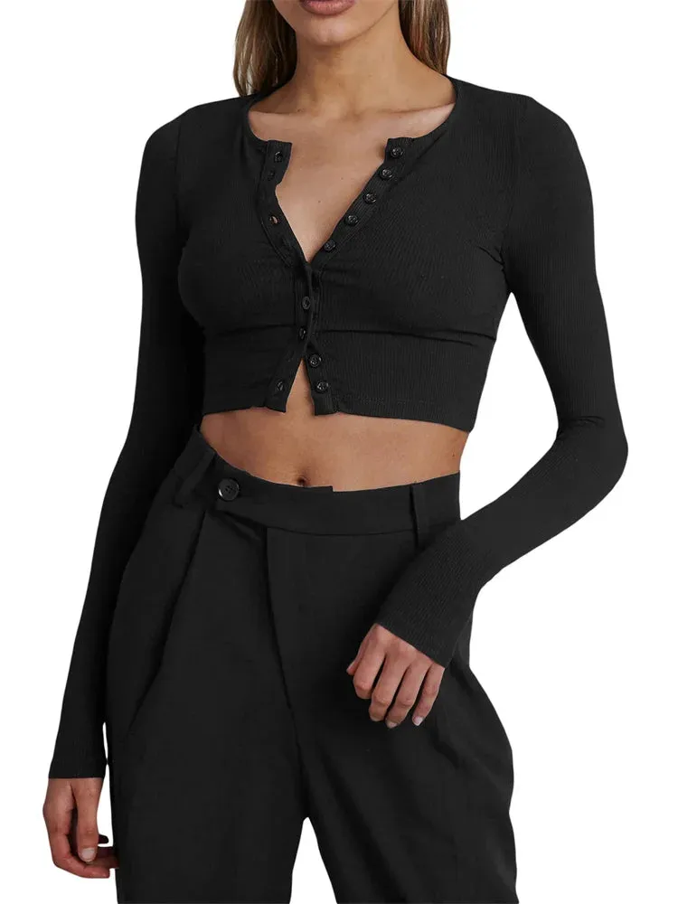 FashionSierra - 2024 Spring Autumn Slim Knitwear Solid Color Long Sleeve V-neck Single Breasted Exposed Navel Cardigans Tee