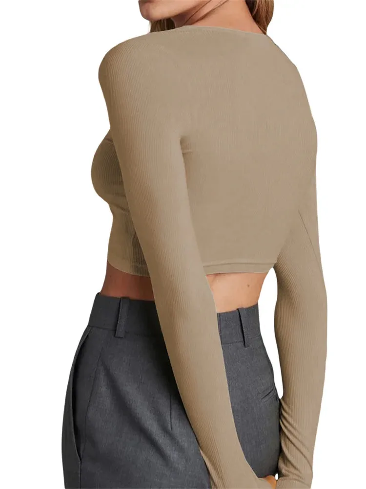 FashionSierra - 2024 Spring Autumn Slim Knitwear Solid Color Long Sleeve V-neck Single Breasted Exposed Navel Cardigans Tee