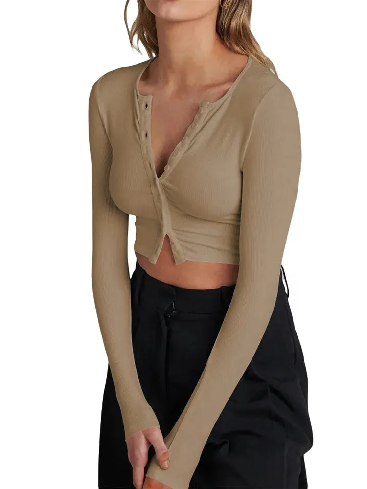FashionSierra - 2024 Spring Autumn Slim Knitwear Solid Color Long Sleeve V-neck Single Breasted Exposed Navel Cardigans Tee