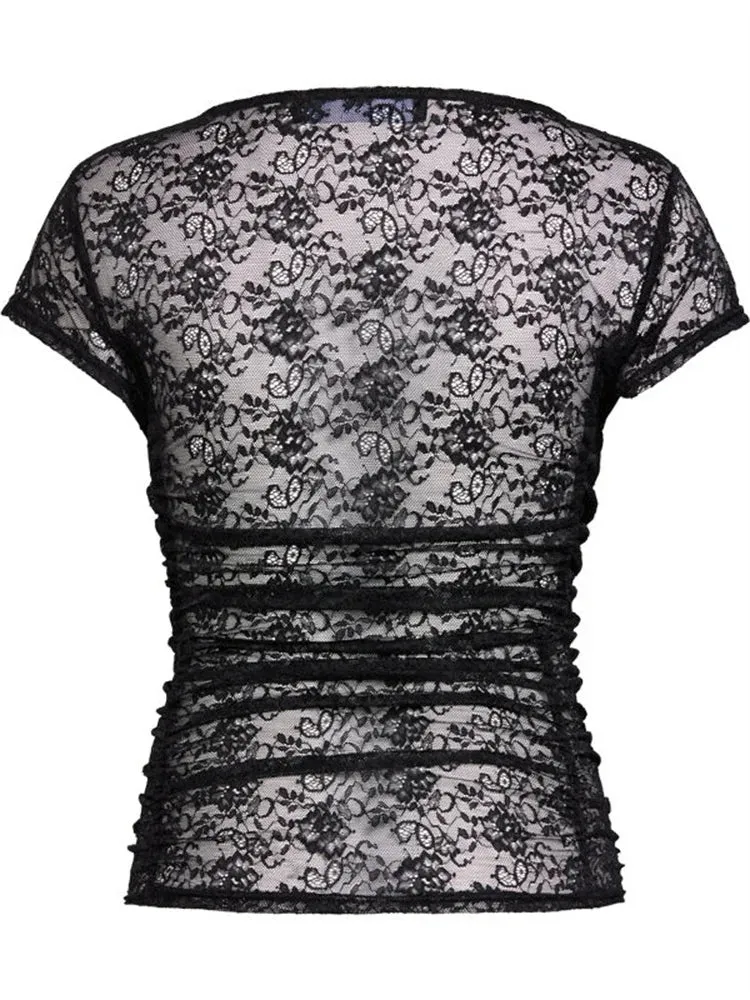 FashionSierra - 2024 Summer Short Sleeve Lace Slim Fit See Through Pullovers Causal Female Streetwear Basic Tee