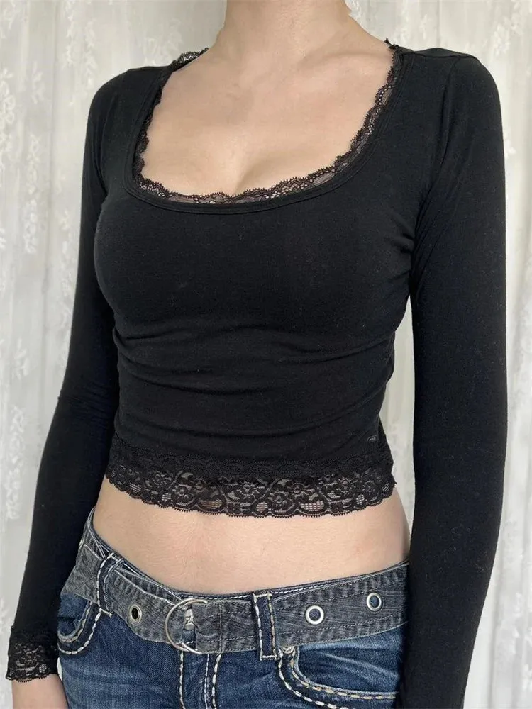 FashionSierra - 2024 Vintage Fairy Grunge Spring Fall Lace Patchwork Long Sleeve Slim Fit y2k Harajuku Basic Tee