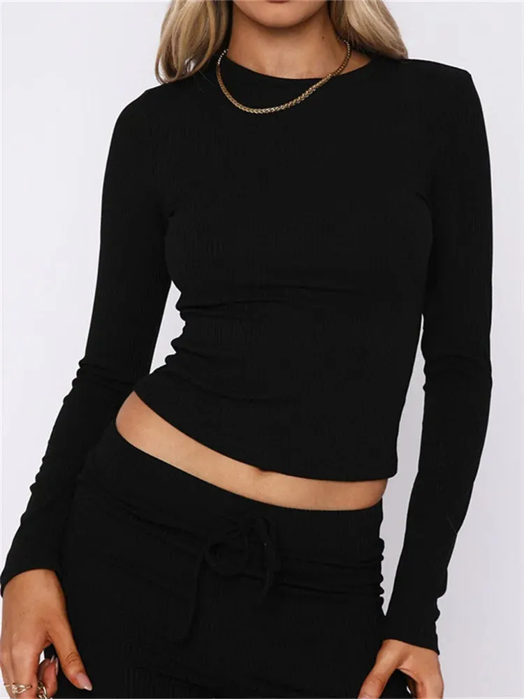 FashionSierra - Autumn Spring Long Sleeve Ribbed Casual Solid Round Neck Pullovers Female Basic Tee