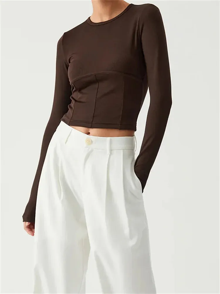 FashionSierra - Long Sleeve Basic Solid Color Round Neck Slim Fit Cropped for Spring Autumn Streetwear Tee