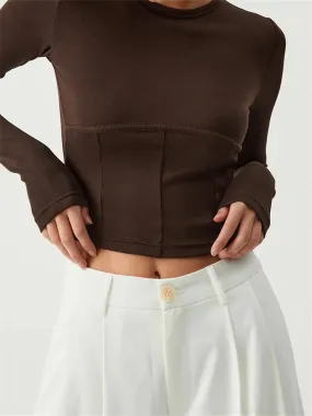 FashionSierra - Long Sleeve Basic Solid Color Round Neck Slim Fit Cropped for Spring Autumn Streetwear Tee