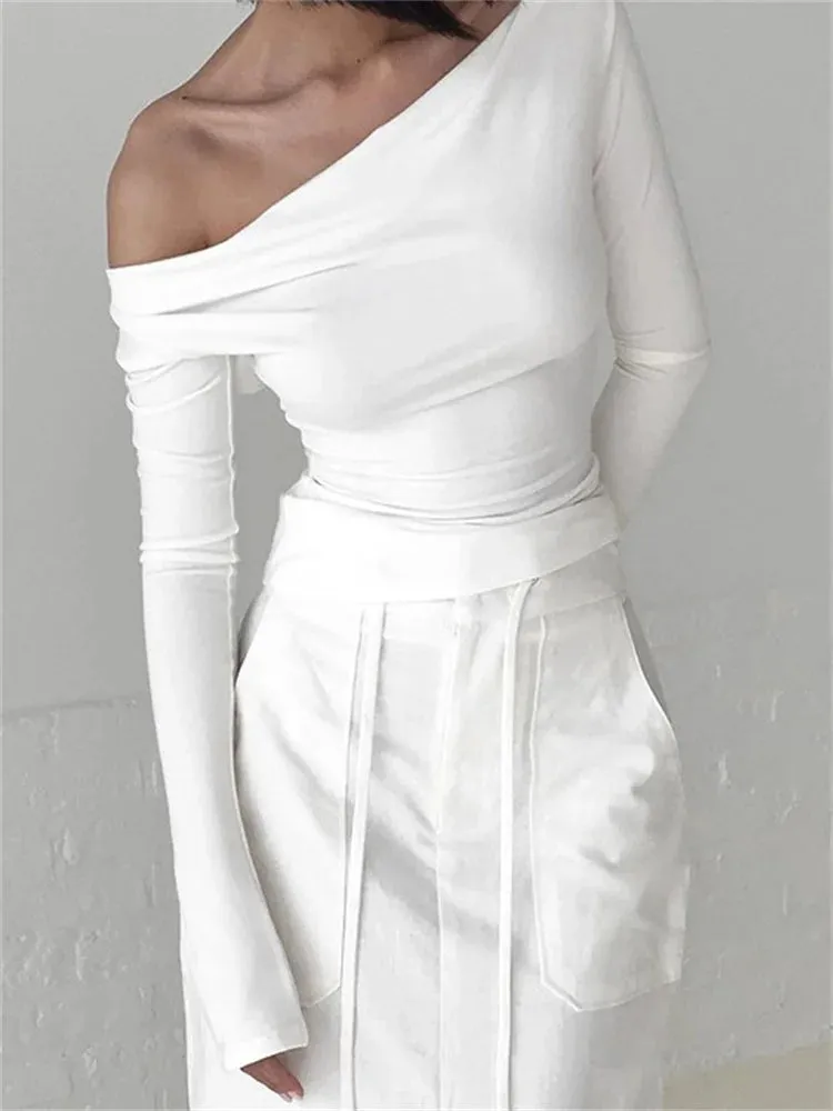 FashionSierra - Low Cut Ruched Off Shoulder for Women Slim Fit Solid Backless Tie-up Casual Streetwear Tee