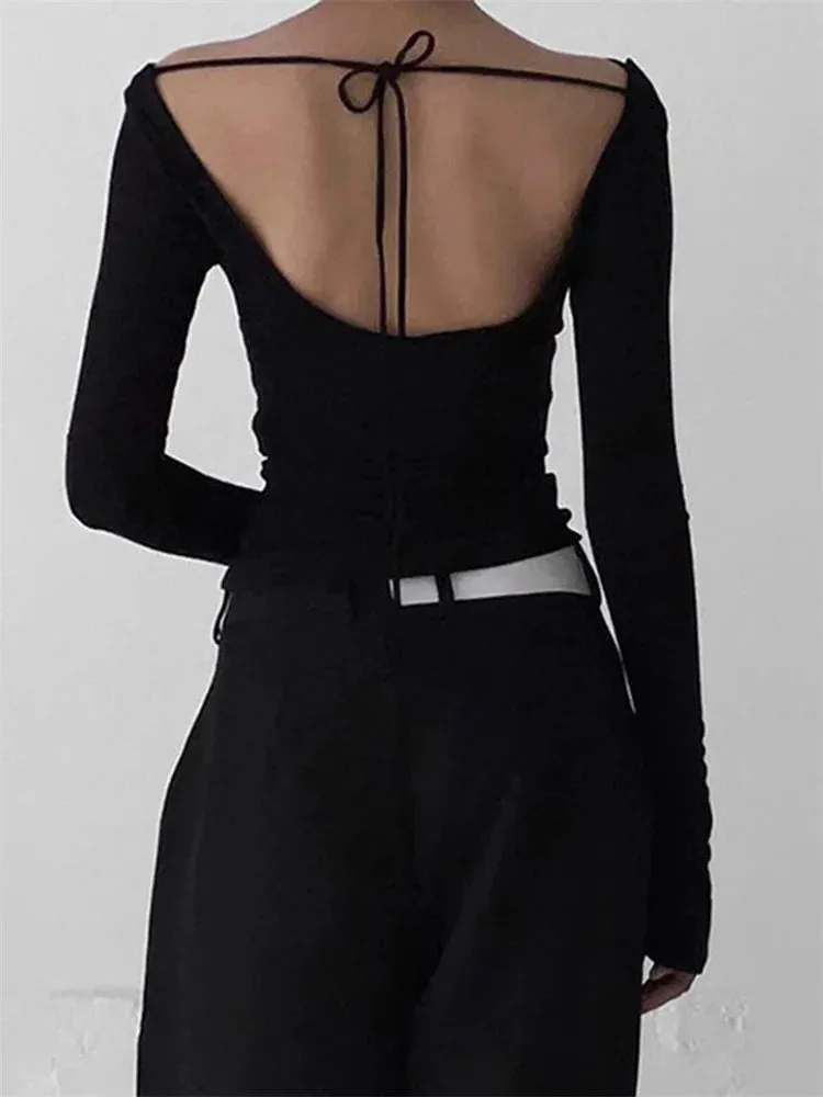 FashionSierra - Low Cut Ruched Off Shoulder for Women Slim Fit Solid Backless Tie-up Casual Streetwear Tee