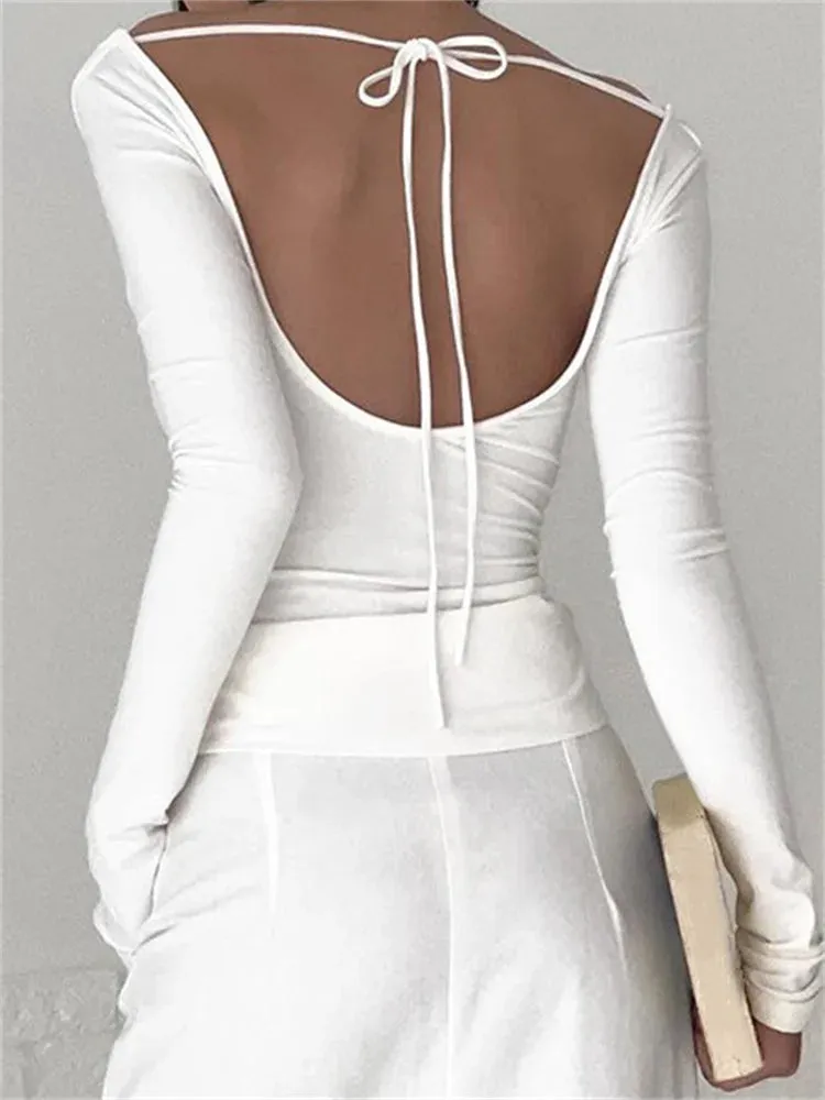 FashionSierra - Low Cut Ruched Off Shoulder for Women Slim Fit Solid Backless Tie-up Casual Streetwear Tee