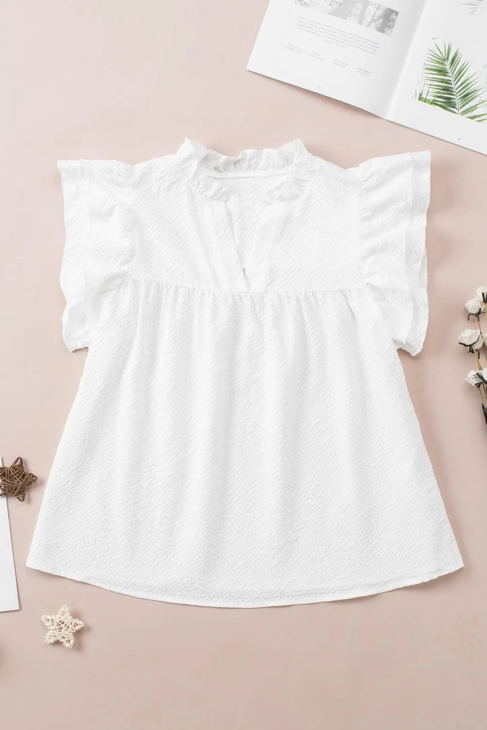 Flutter Sleeve Notch Neck Summer Blouse Top for Women