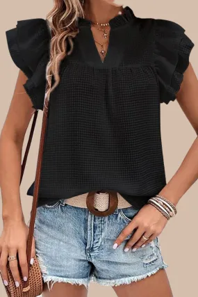 Flutter Sleeve Notch Neck Summer Blouse Top for Women
