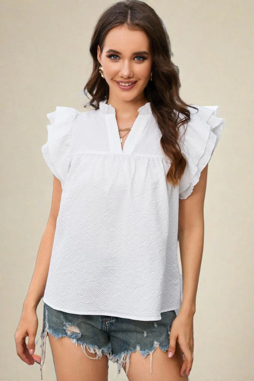 Flutter Sleeve Notch Neck Summer Blouse Top for Women