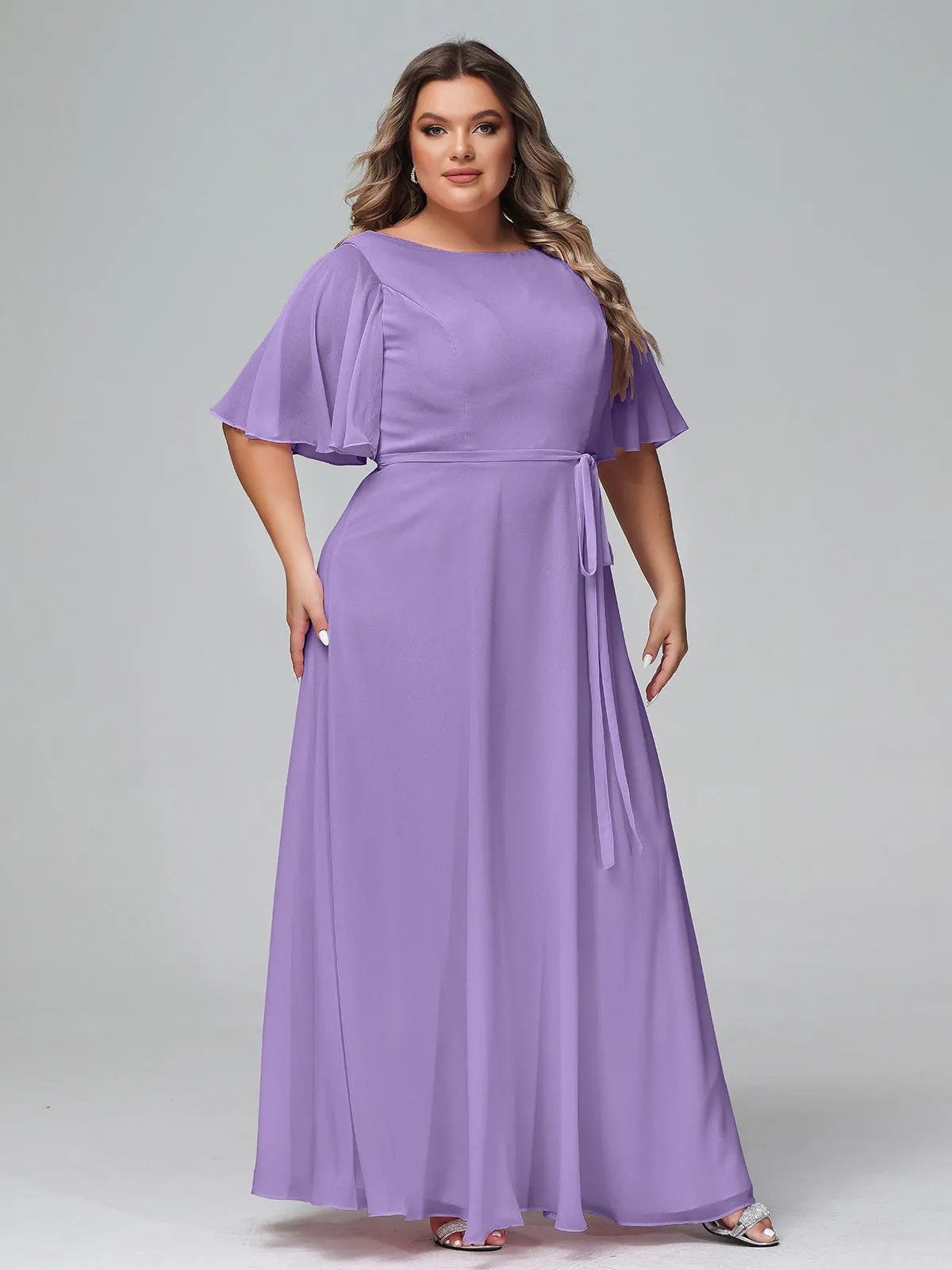 Flutter Sleeves Chiffon Max Dresses with Sash Bow-Tahiti Plus Size