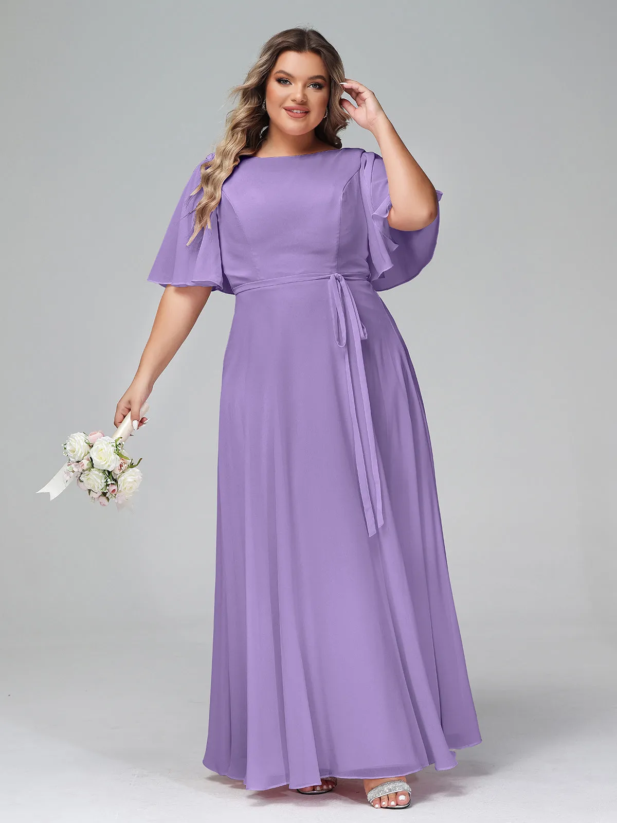 Flutter Sleeves Chiffon Max Dresses with Sash Bow-Tahiti Plus Size