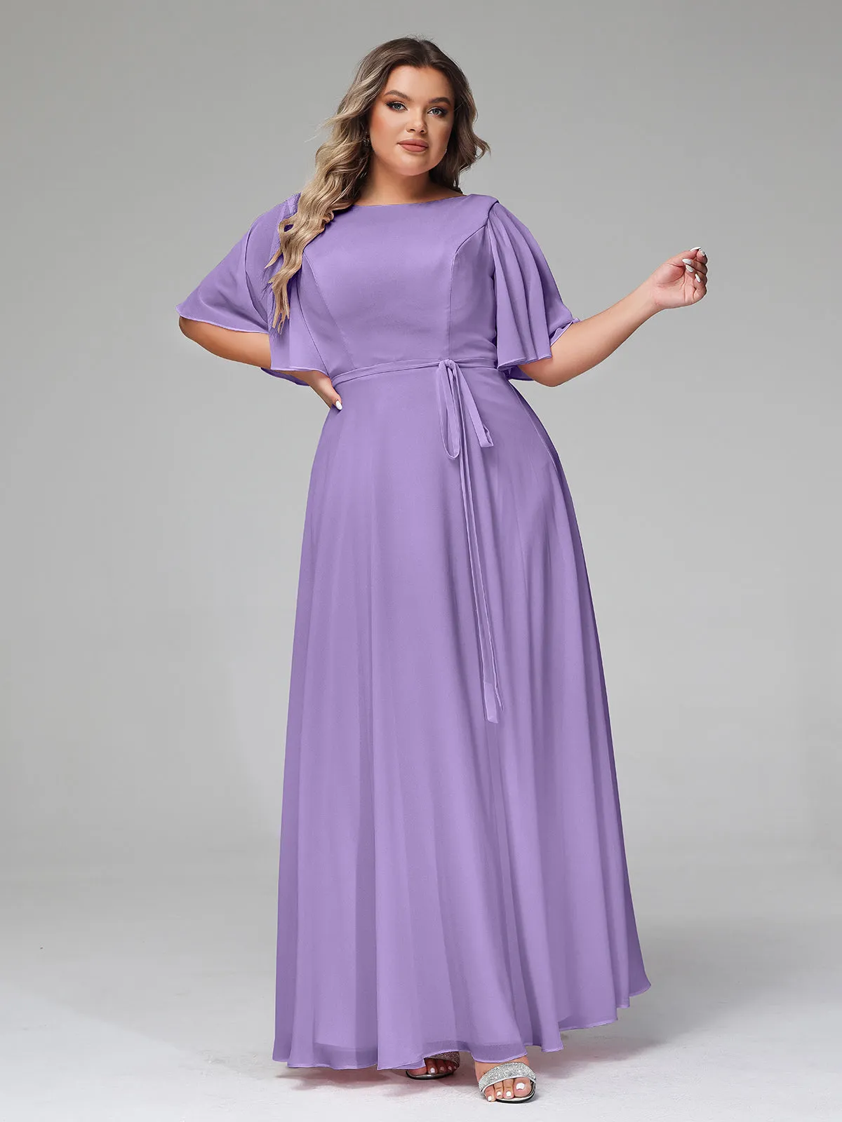 Flutter Sleeves Chiffon Max Dresses with Sash Bow-Tahiti Plus Size