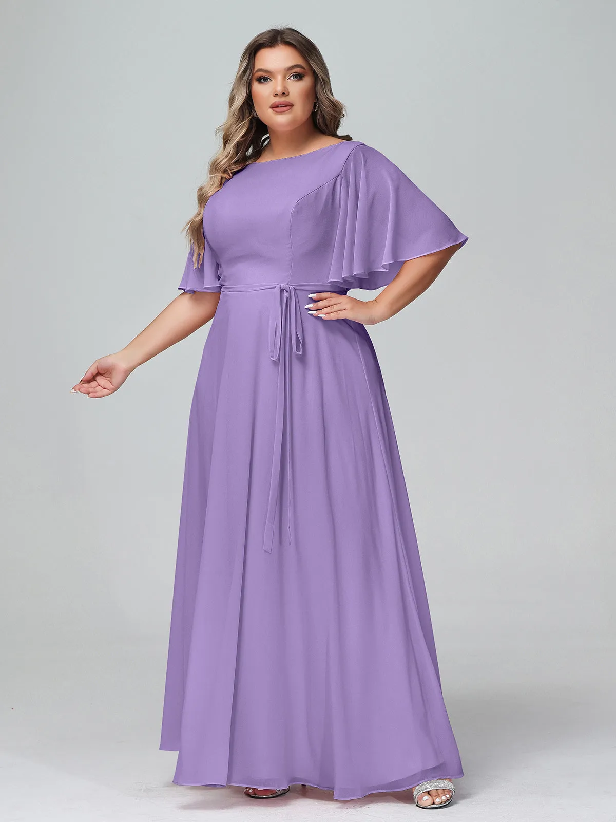 Flutter Sleeves Chiffon Max Dresses with Sash Bow-Tahiti Plus Size