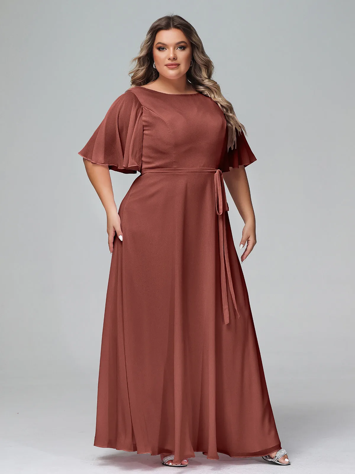 Flutter Sleeves Chiffon Max Dresses with Sash Bow-Terracotta Plus Size