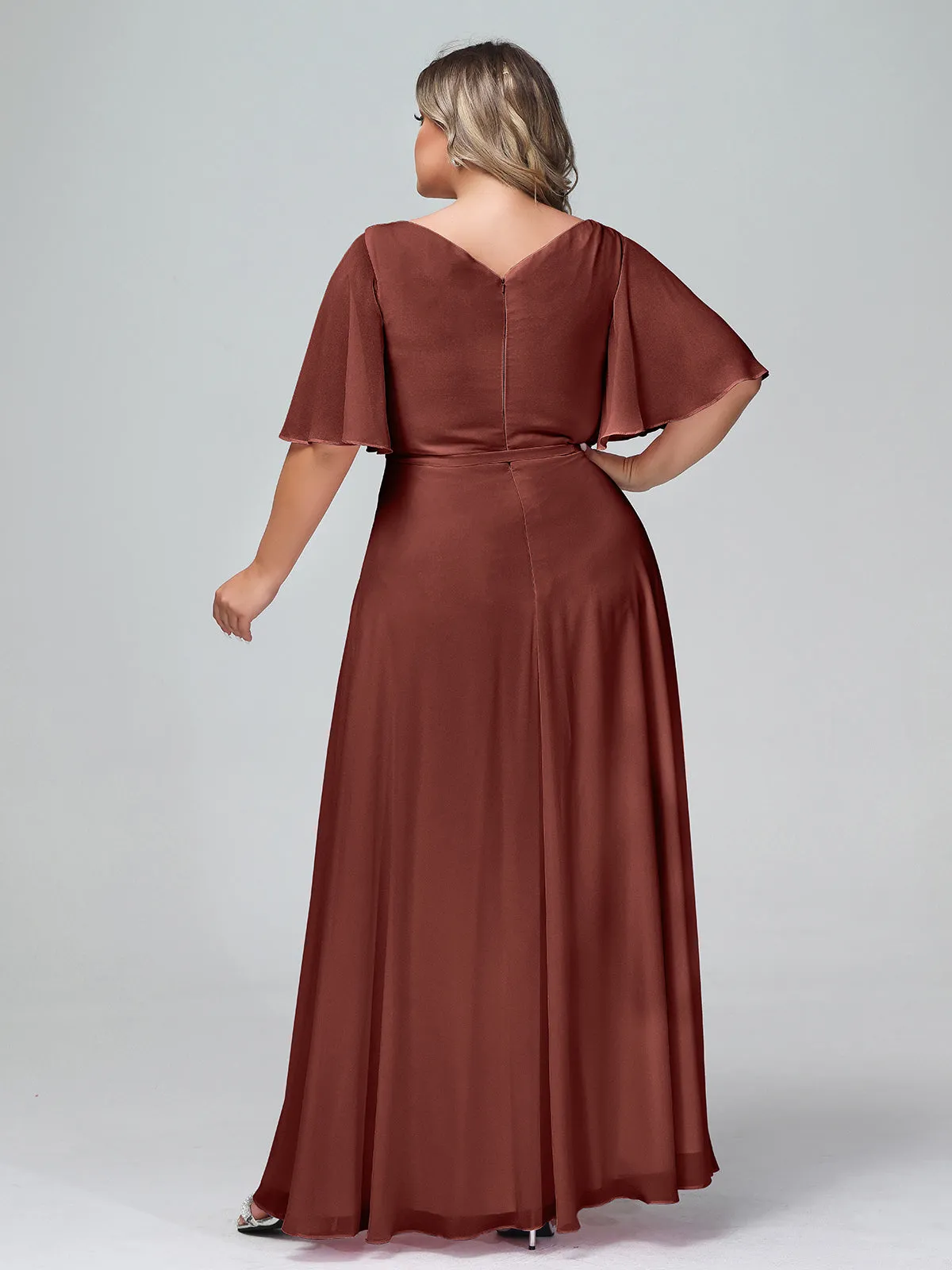 Flutter Sleeves Chiffon Max Dresses with Sash Bow-Terracotta Plus Size