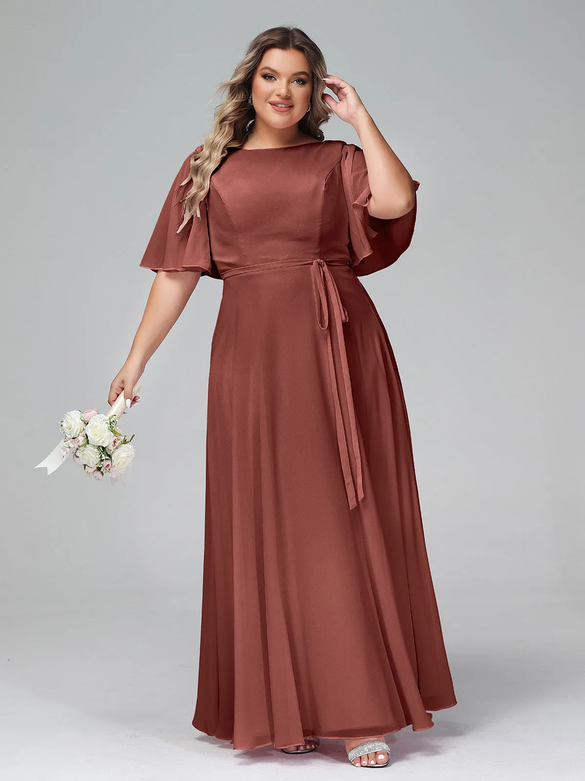 Flutter Sleeves Chiffon Max Dresses with Sash Bow-Terracotta Plus Size