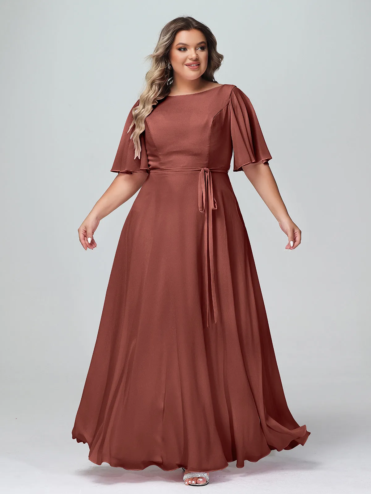 Flutter Sleeves Chiffon Max Dresses with Sash Bow-Terracotta Plus Size