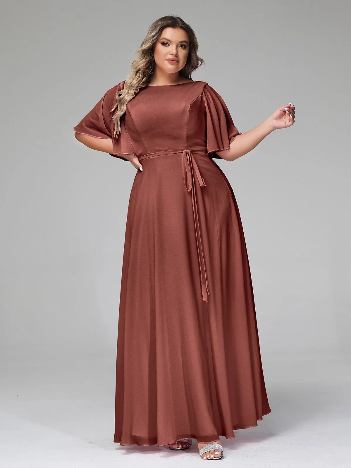 Flutter Sleeves Chiffon Max Dresses with Sash Bow-Terracotta Plus Size