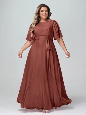 Flutter Sleeves Chiffon Max Dresses with Sash Bow-Terracotta Plus Size
