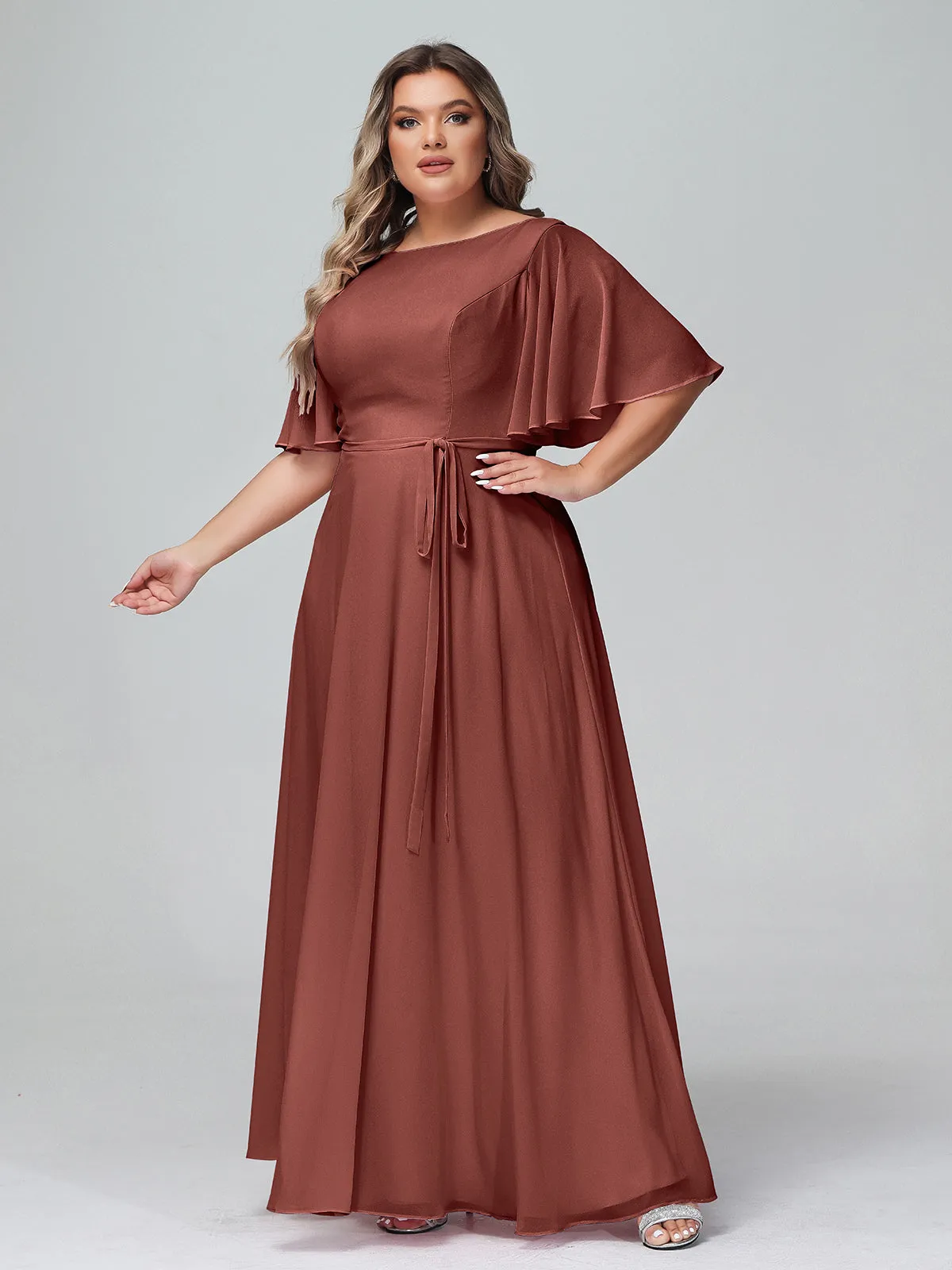 Flutter Sleeves Chiffon Max Dresses with Sash Bow-Terracotta Plus Size
