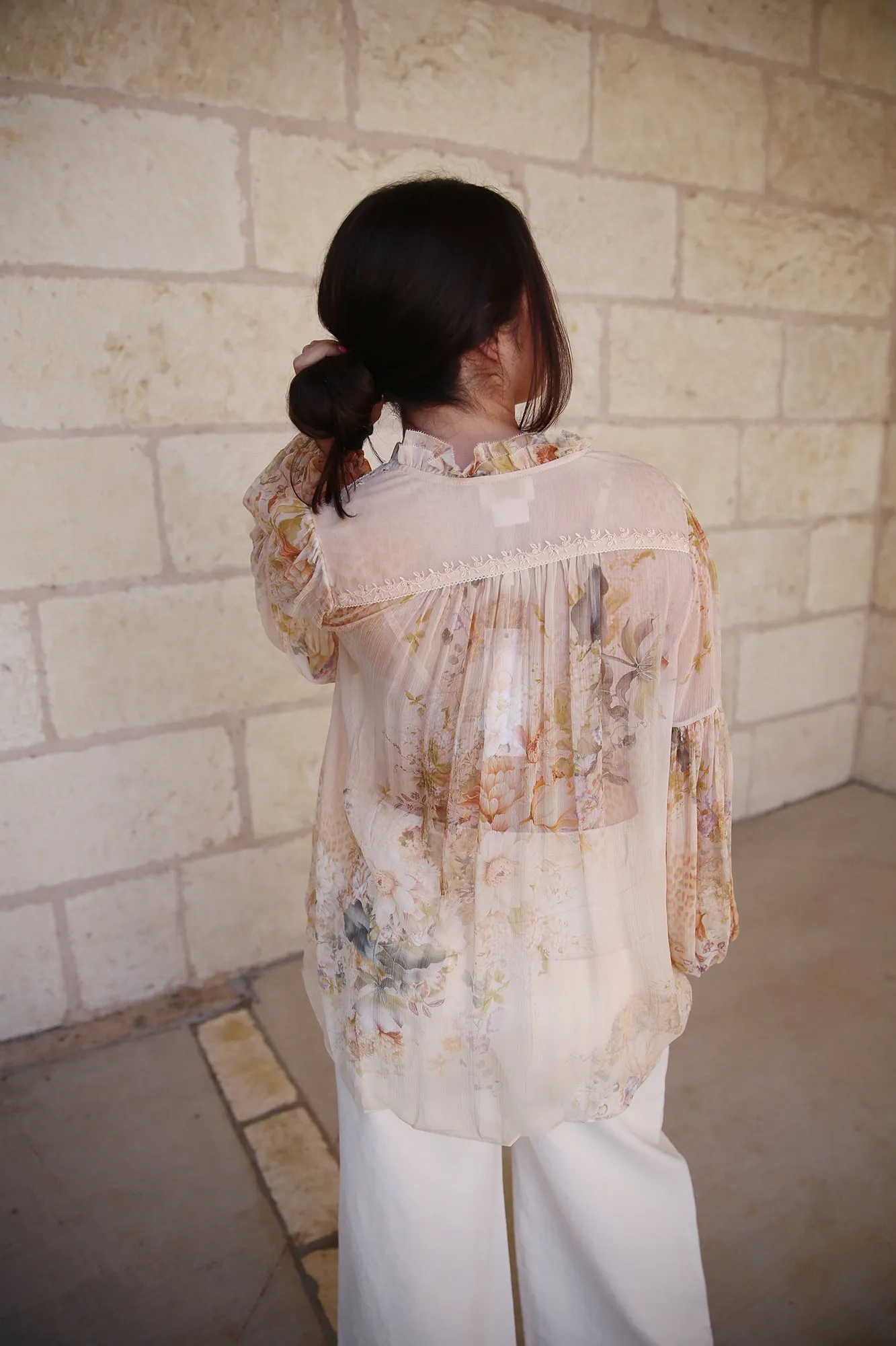 Frill Collared Blouse Adorned In Antiquity