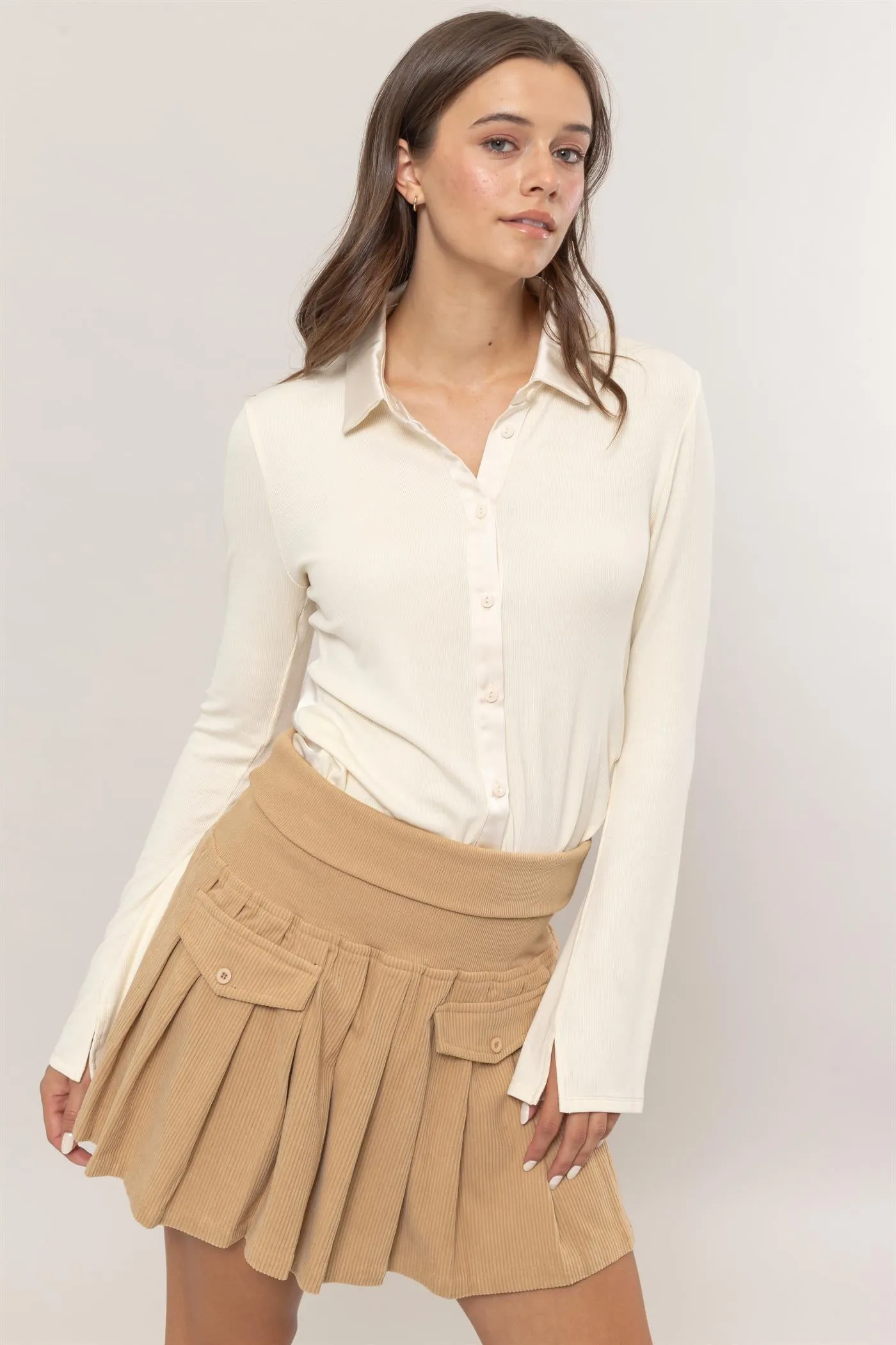 HF25C229-Rib Knit Shirt With Button Placket