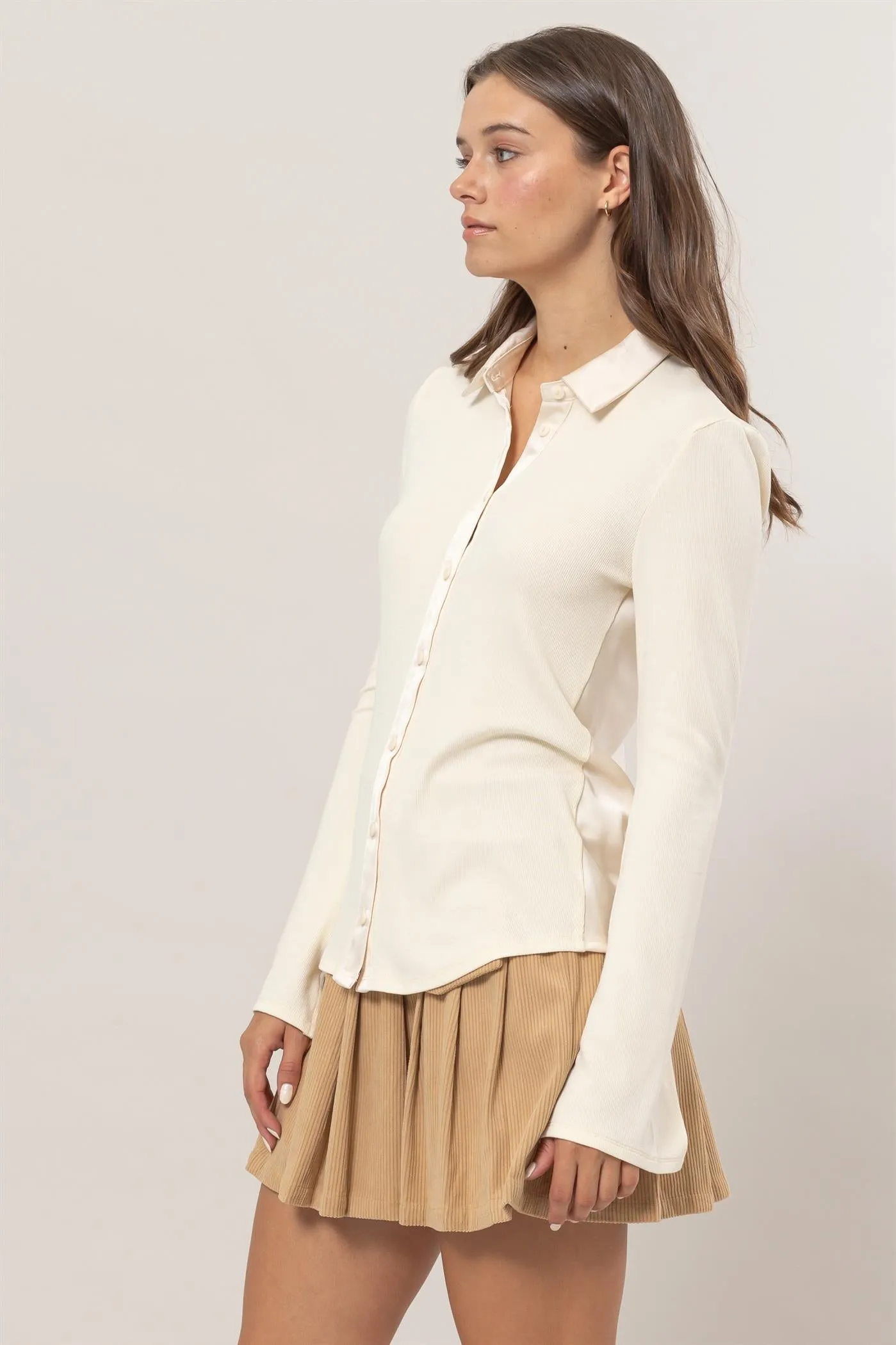HF25C229-Rib Knit Shirt With Button Placket