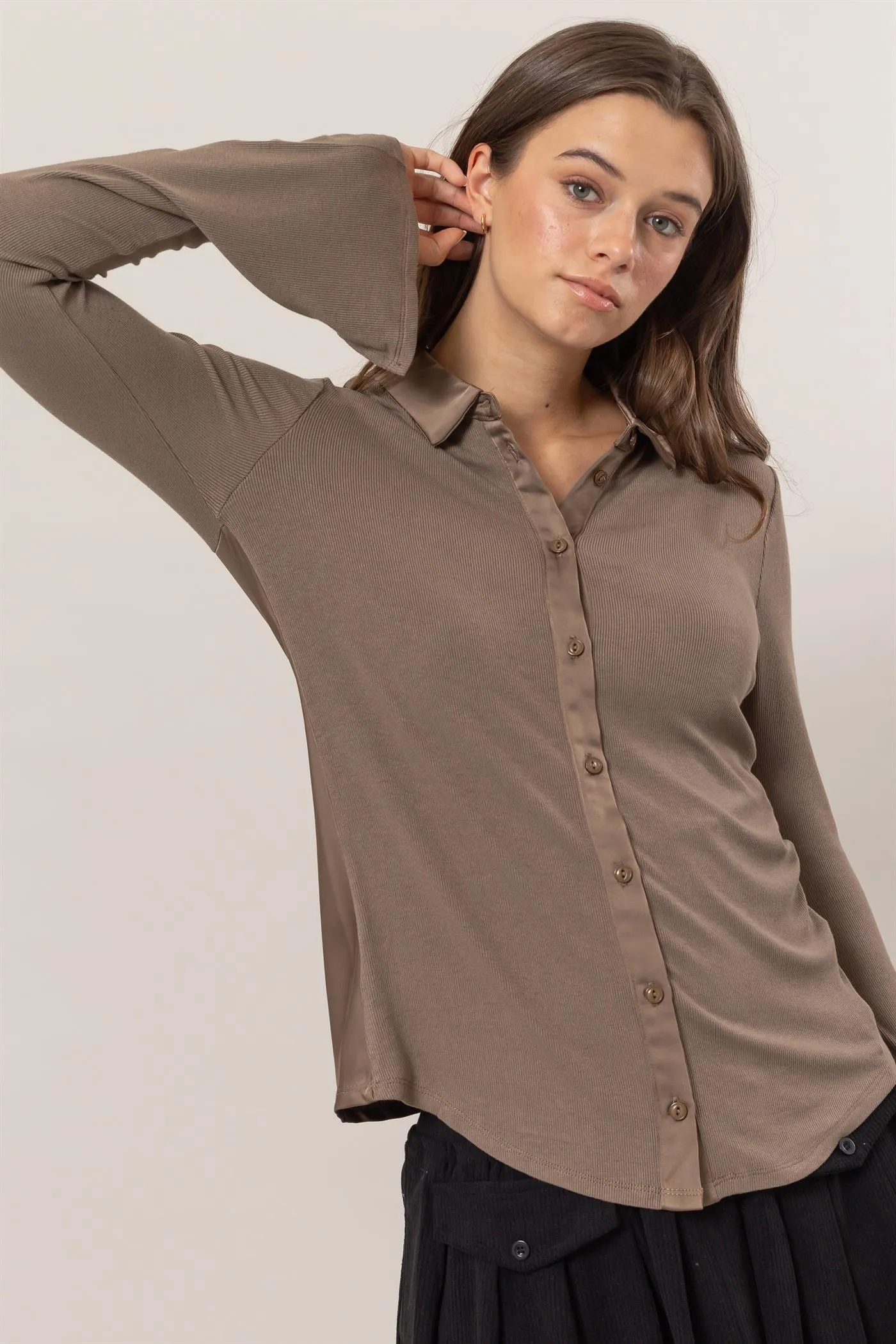 HF25C229-Rib Knit Shirt With Button Placket