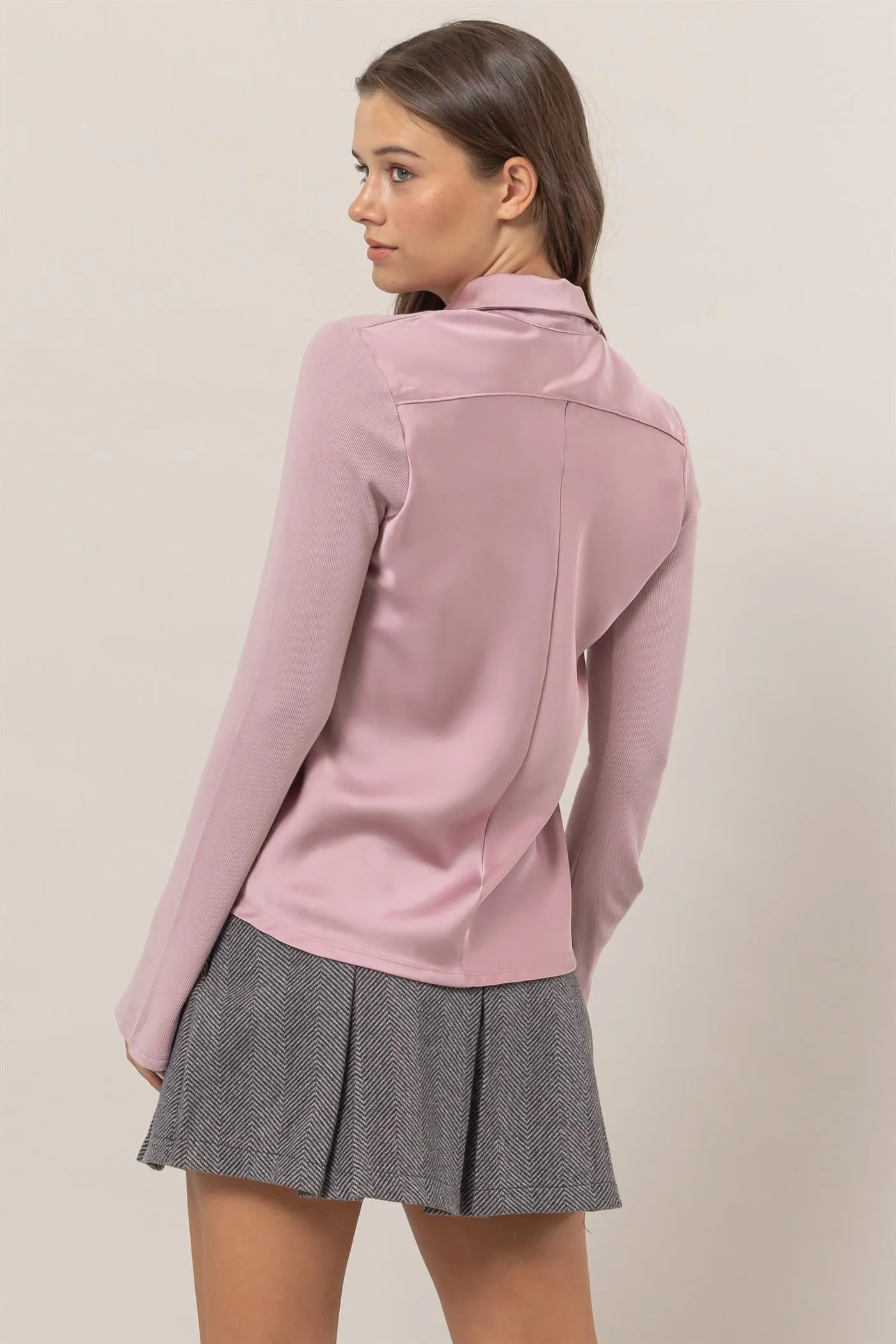 HF25C229-Rib Knit Shirt With Button Placket
