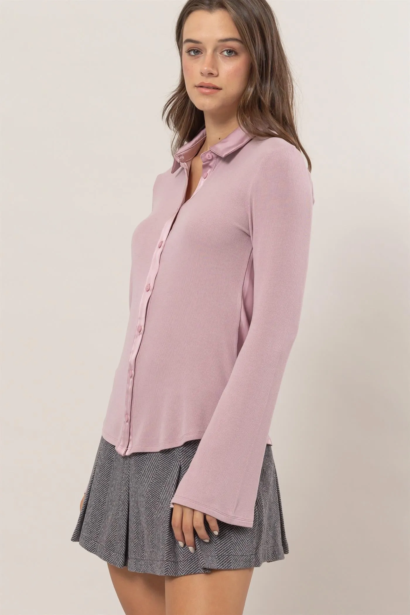 HF25C229-Rib Knit Shirt With Button Placket