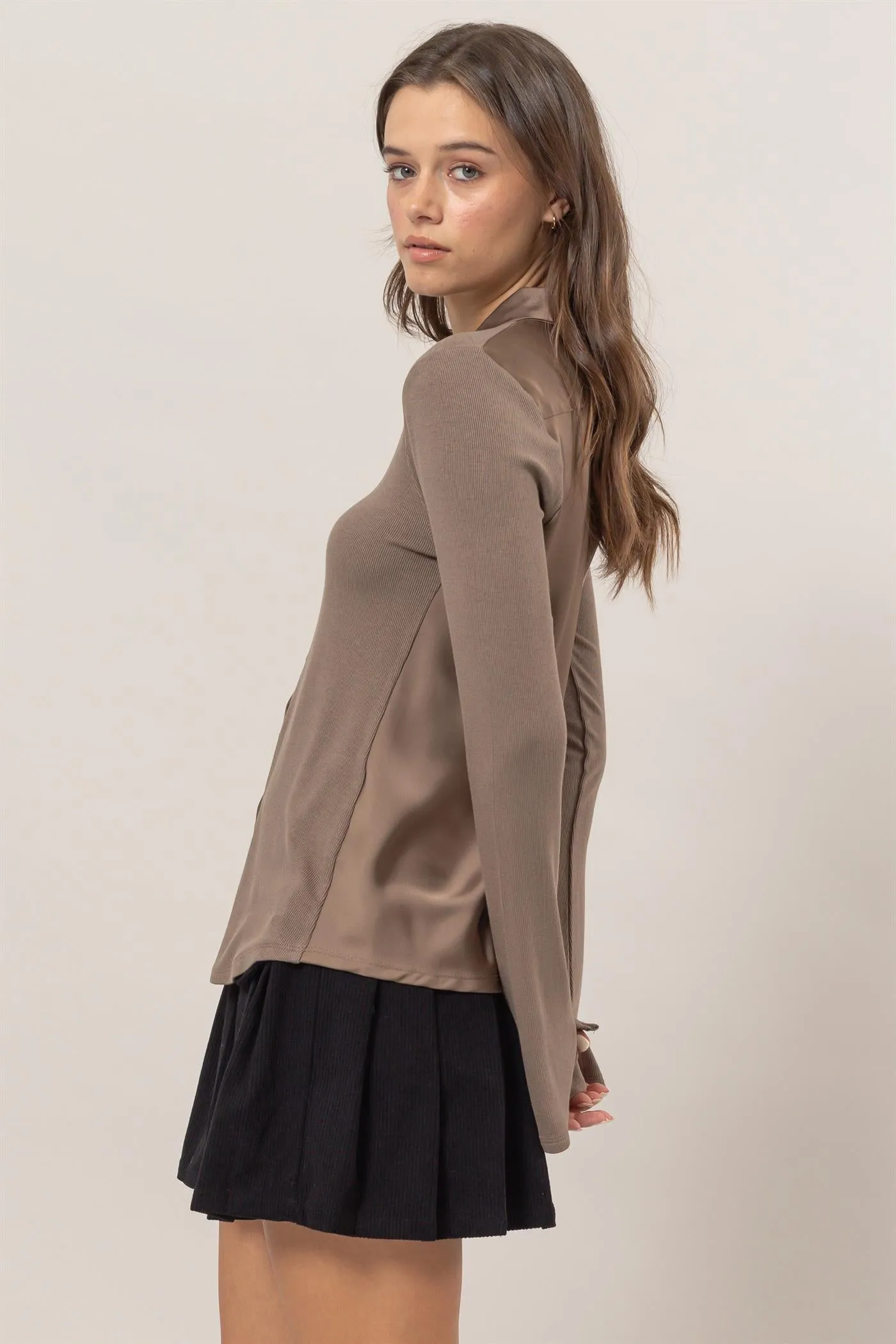 HF25C229-Rib Knit Shirt With Button Placket