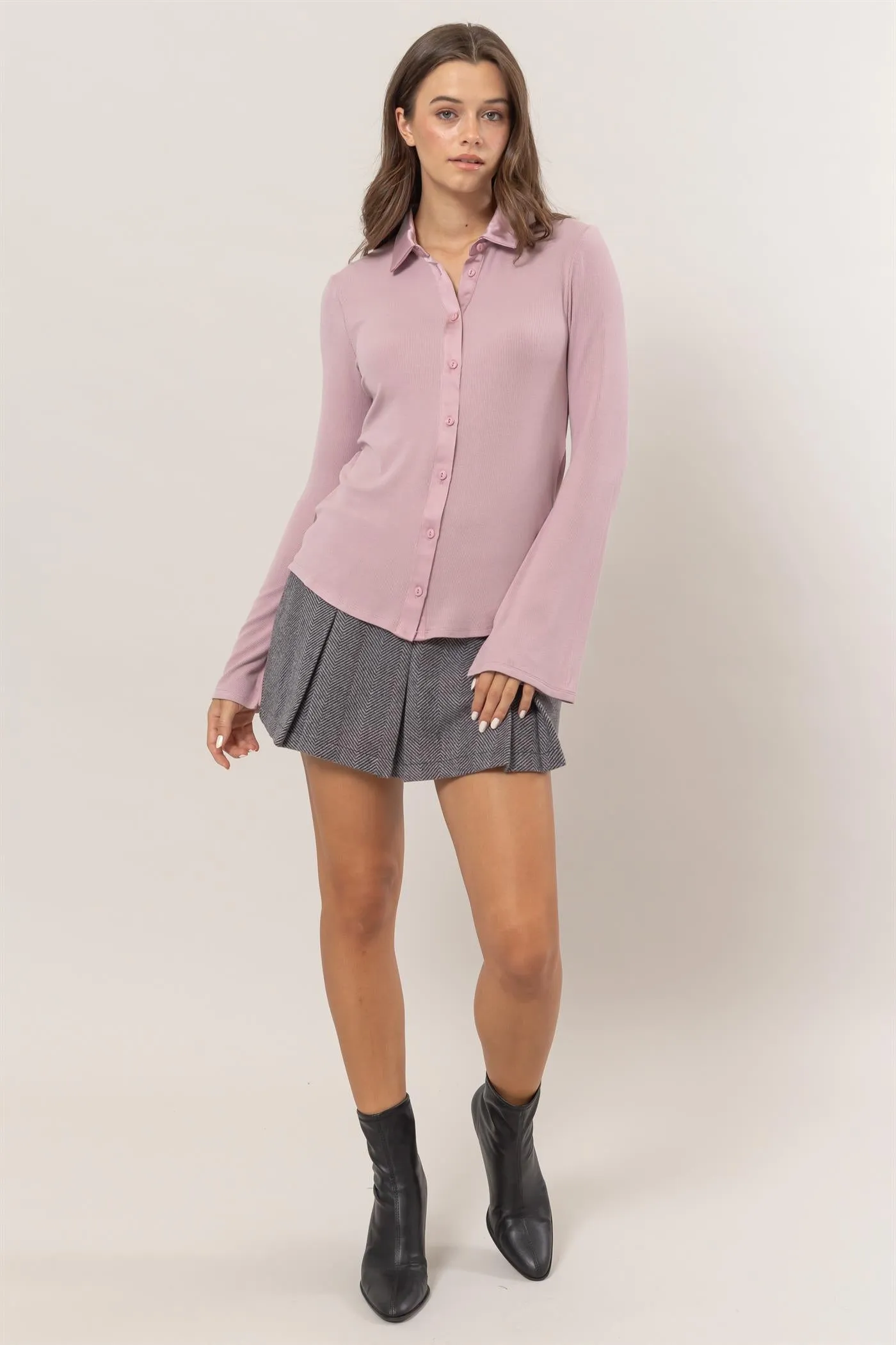 HF25C229-Rib Knit Shirt With Button Placket