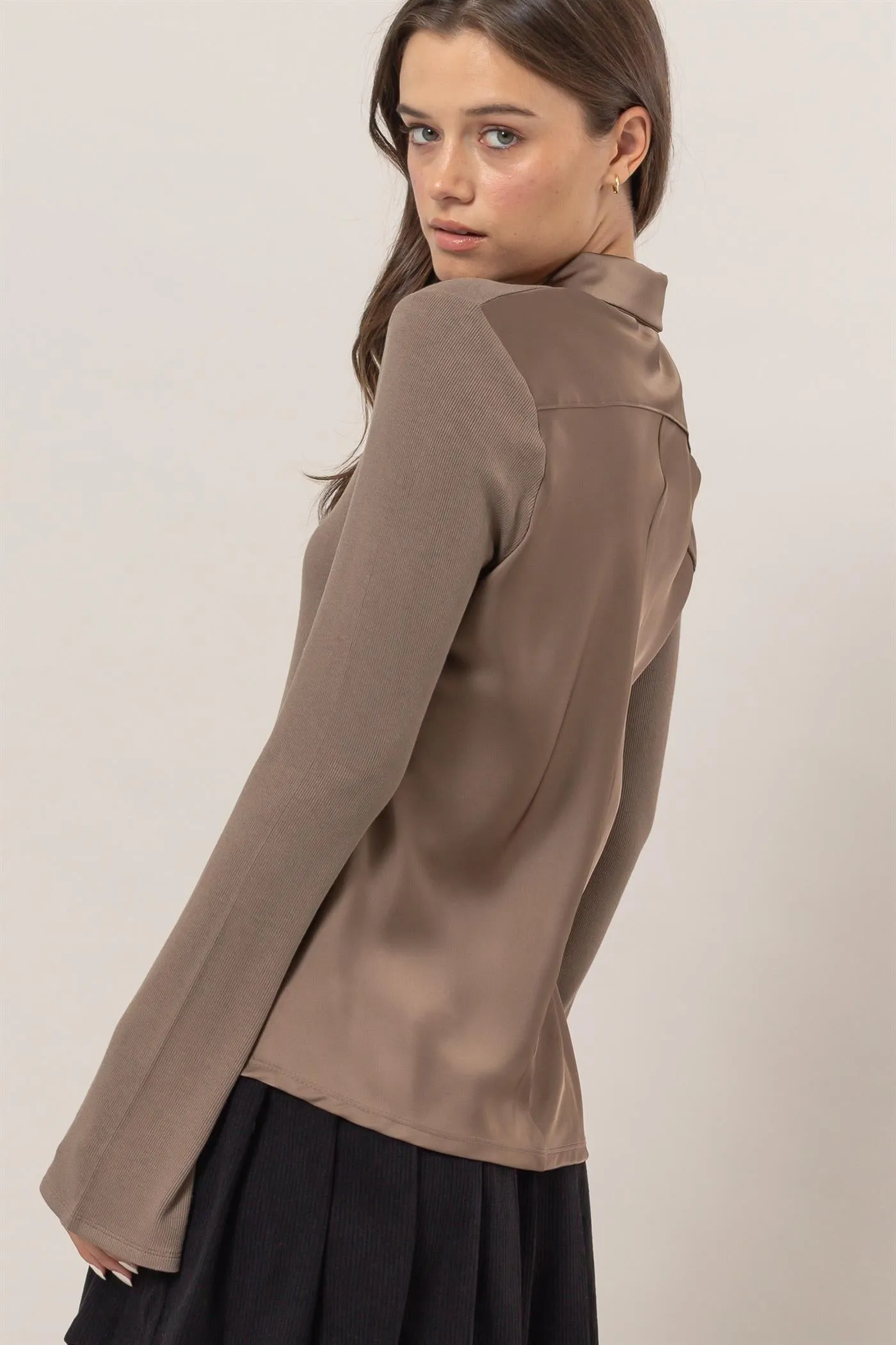 HF25C229-Rib Knit Shirt With Button Placket