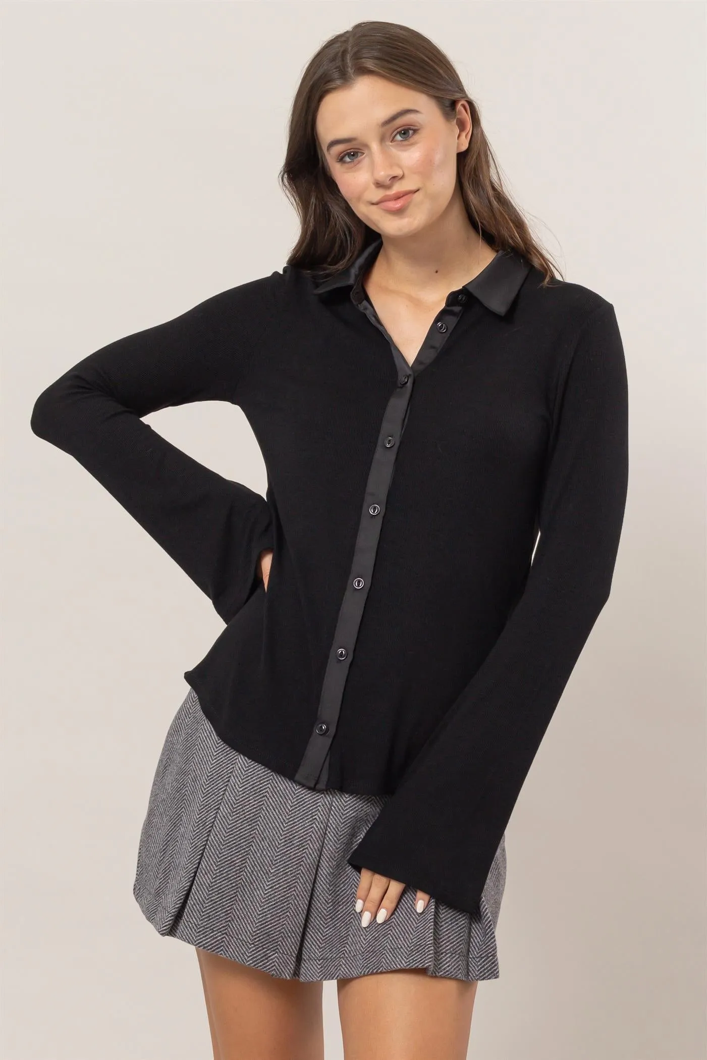 HF25C229-Rib Knit Shirt With Button Placket