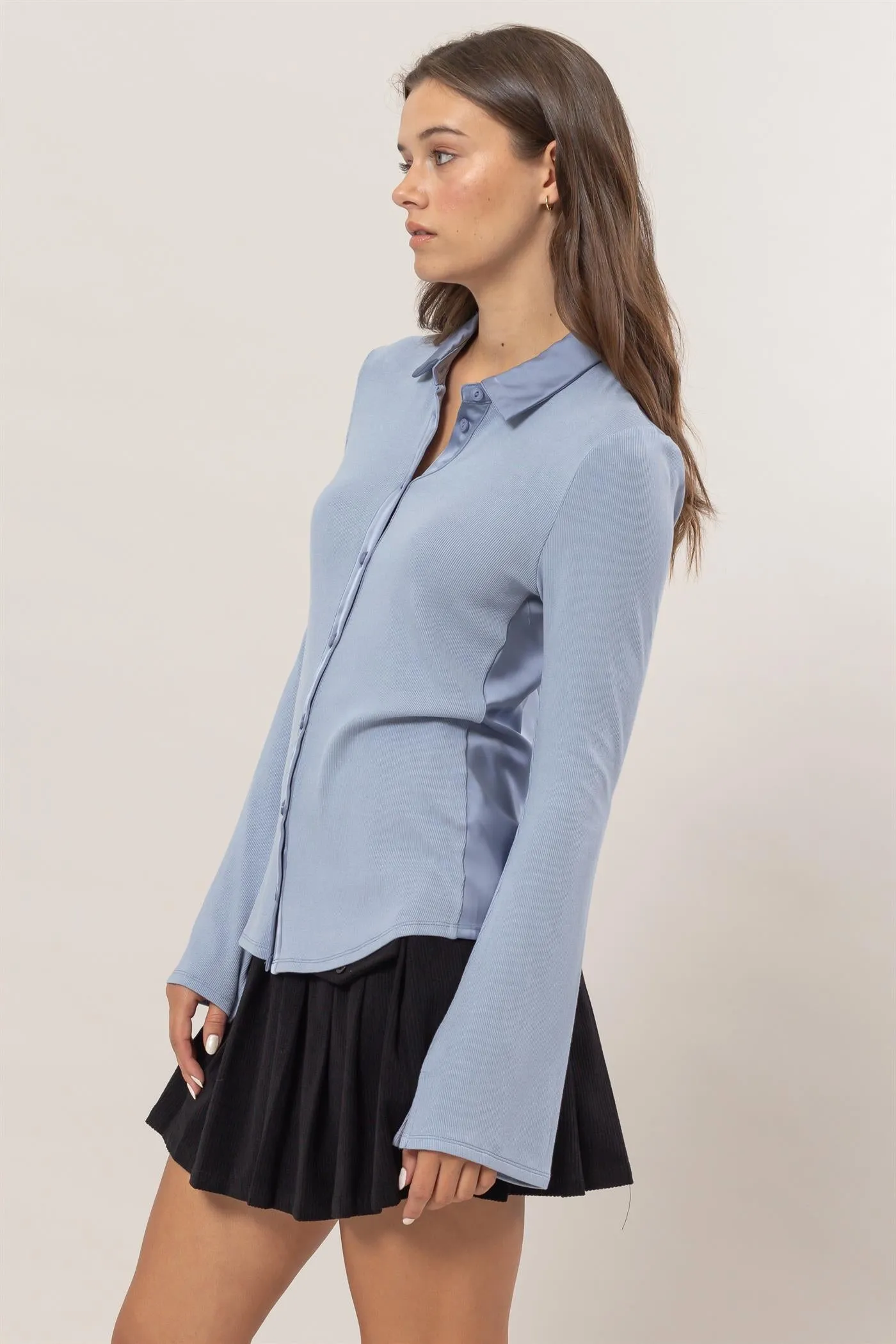 HF25C229-Rib Knit Shirt With Button Placket