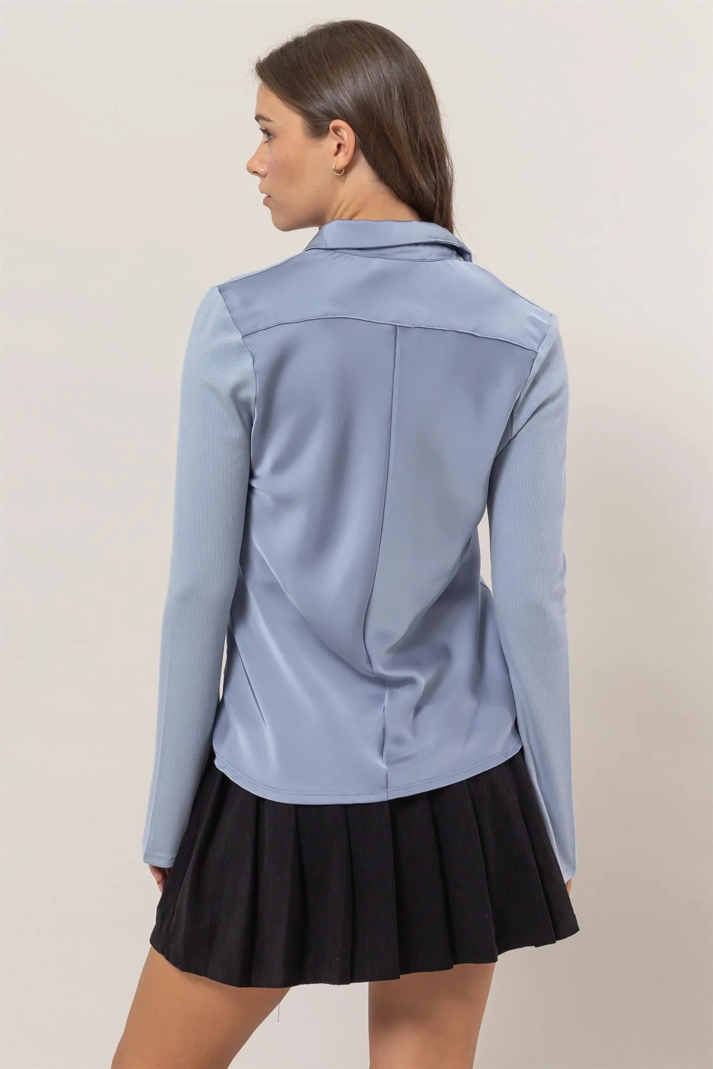 HF25C229-Rib Knit Shirt With Button Placket