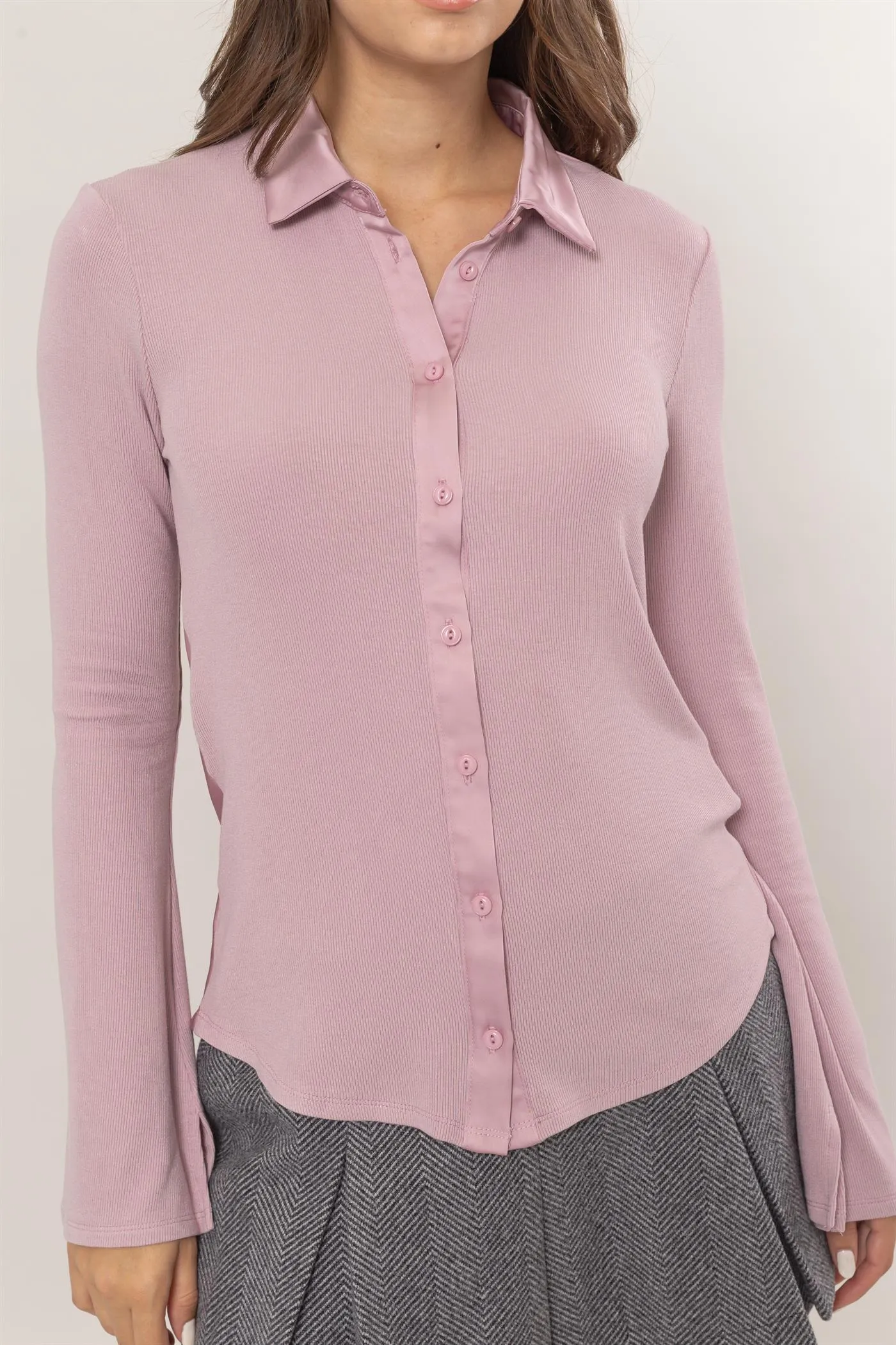 HF25C229-Rib Knit Shirt With Button Placket