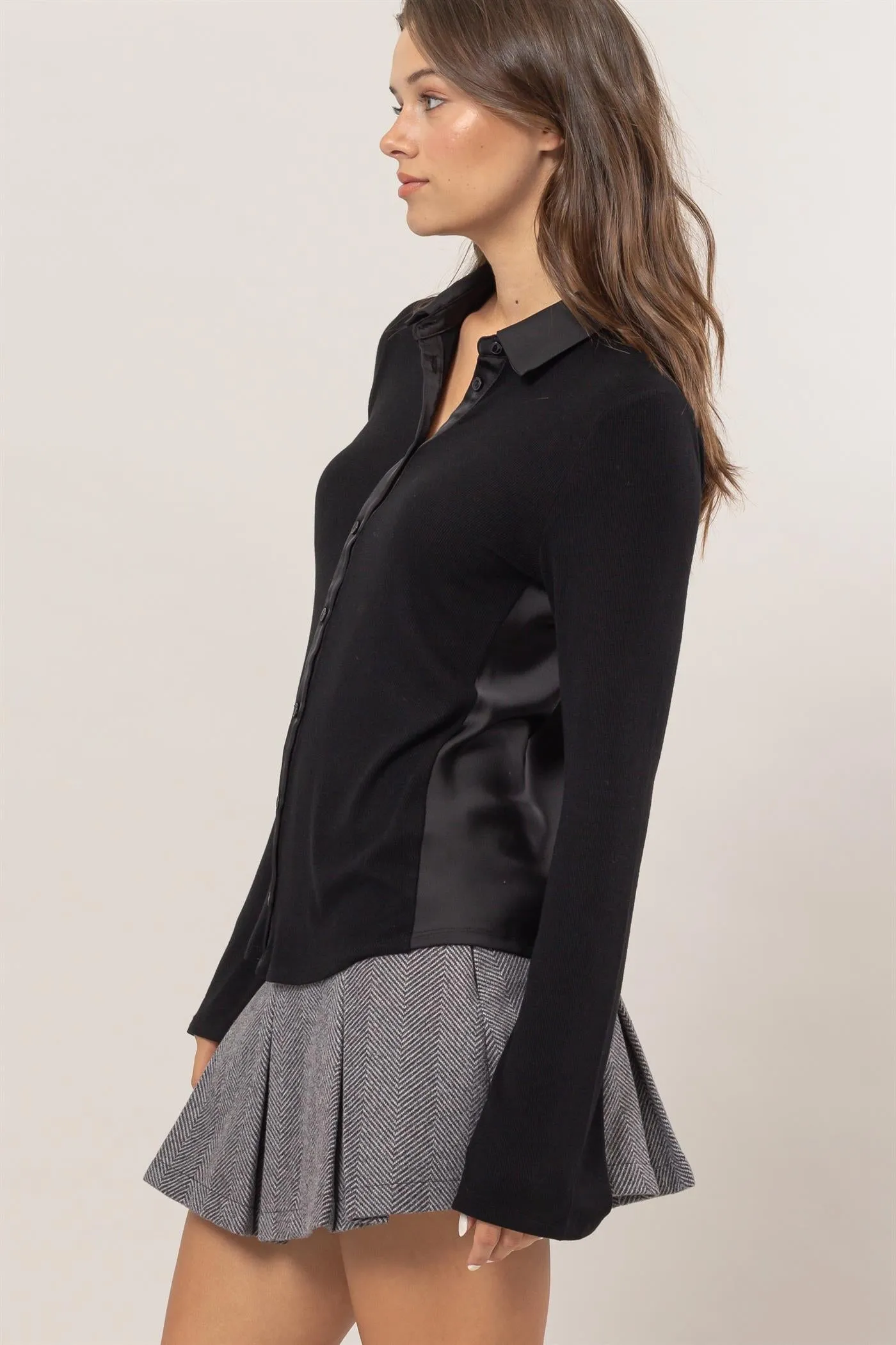 HF25C229-Rib Knit Shirt With Button Placket
