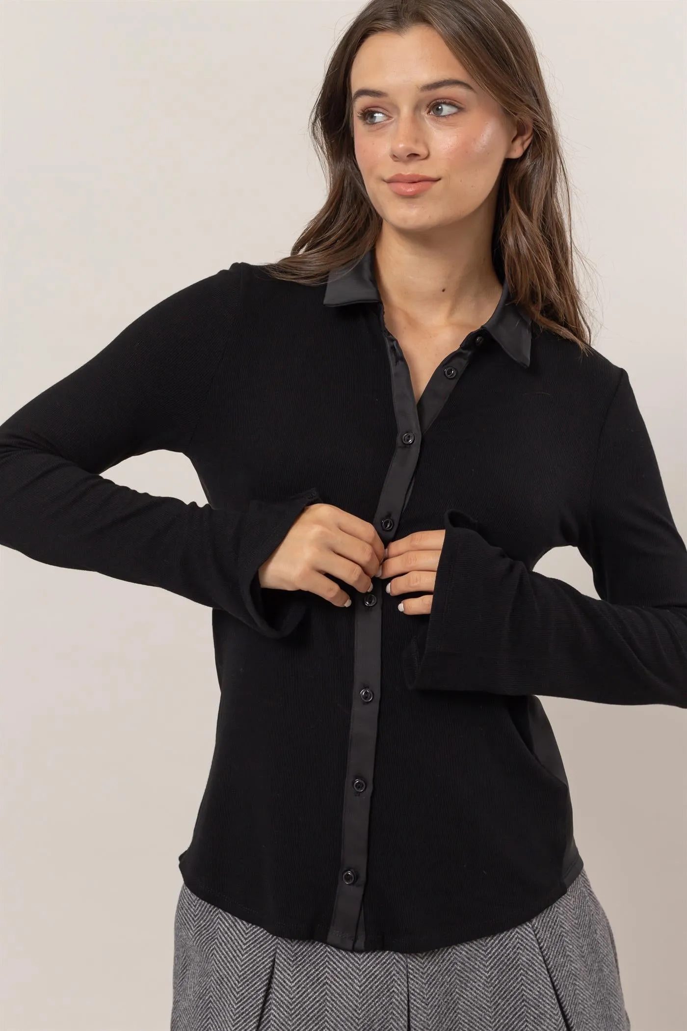 HF25C229-Rib Knit Shirt With Button Placket