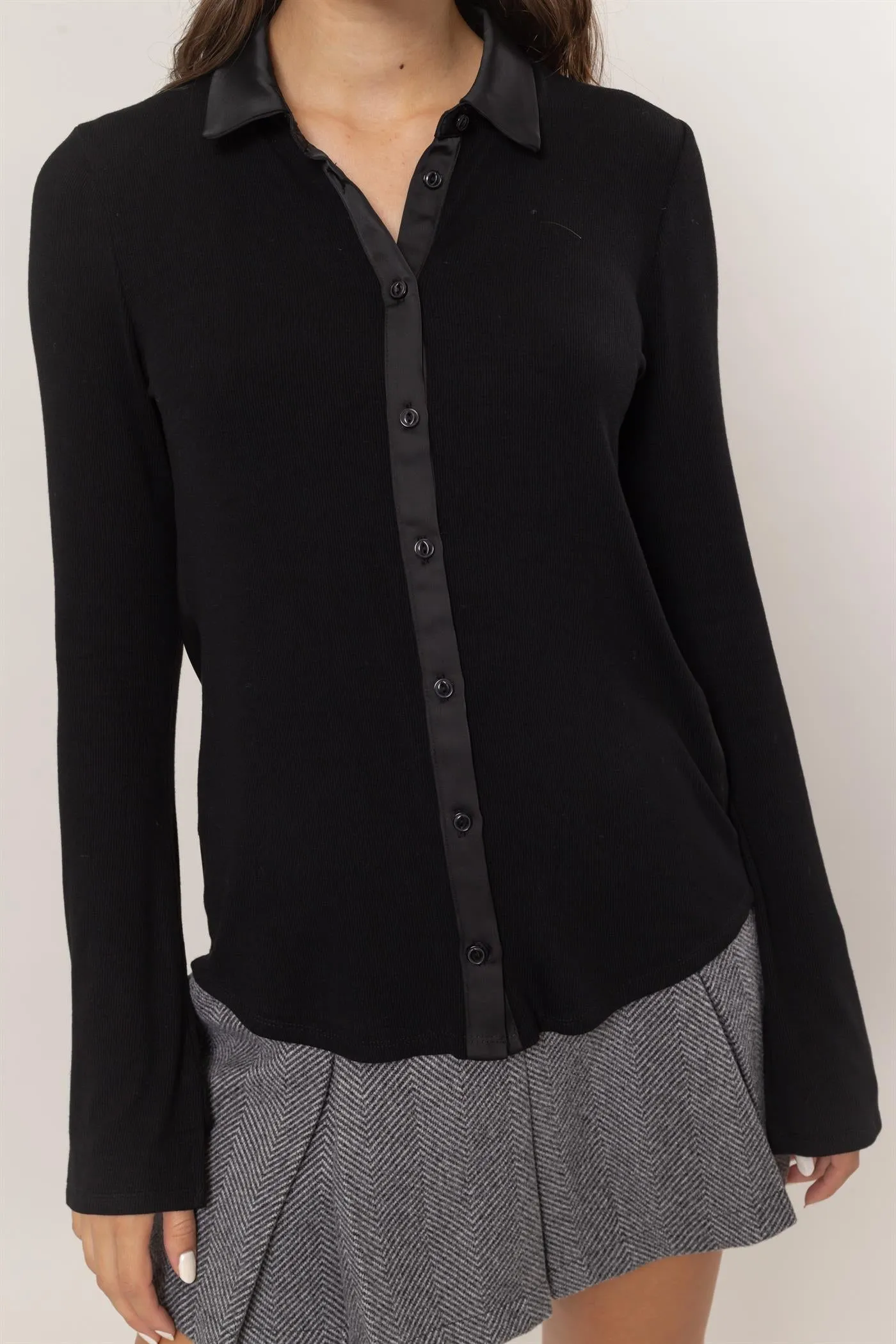 HF25C229-Rib Knit Shirt With Button Placket