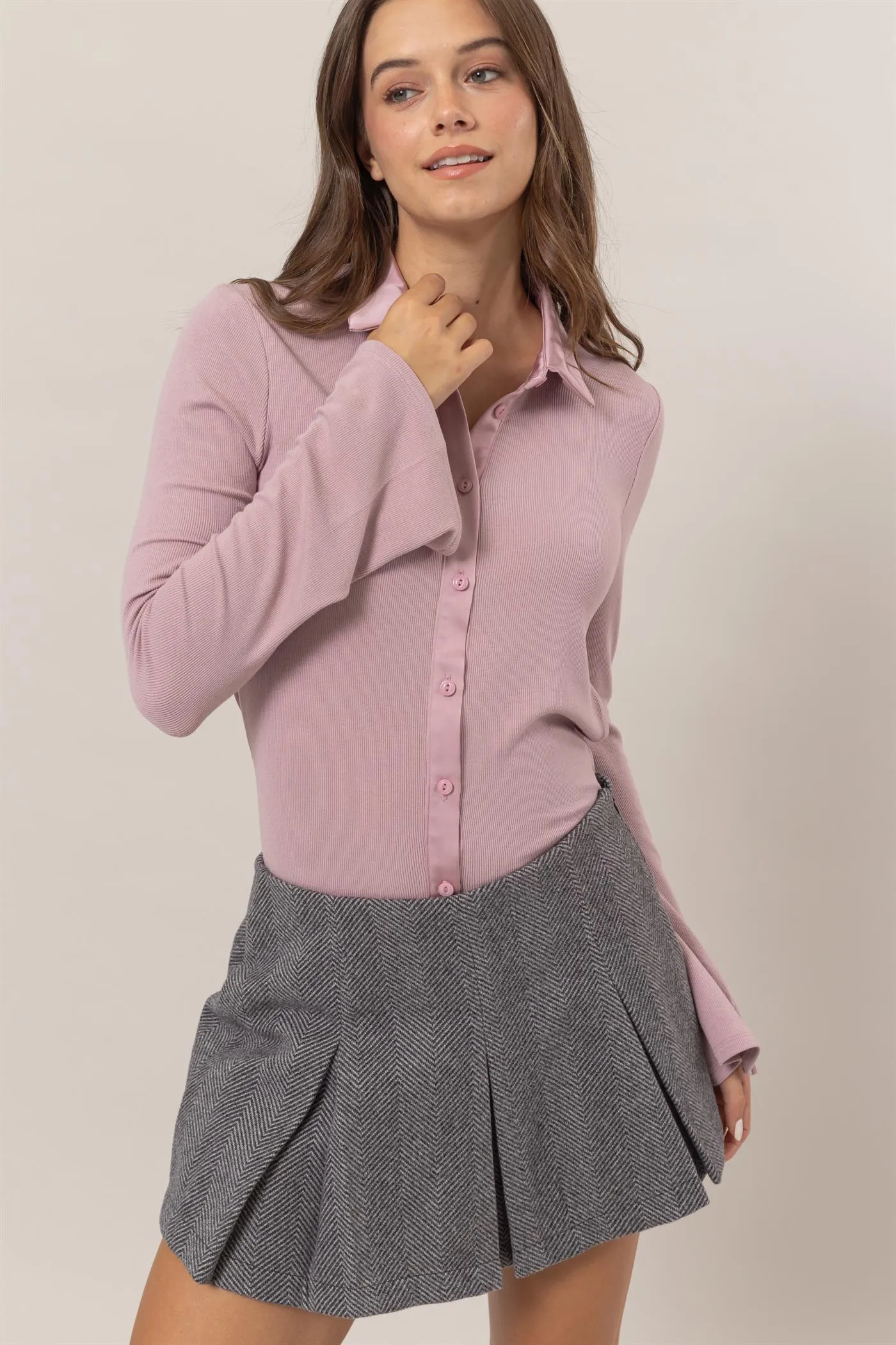 HF25C229-Rib Knit Shirt With Button Placket