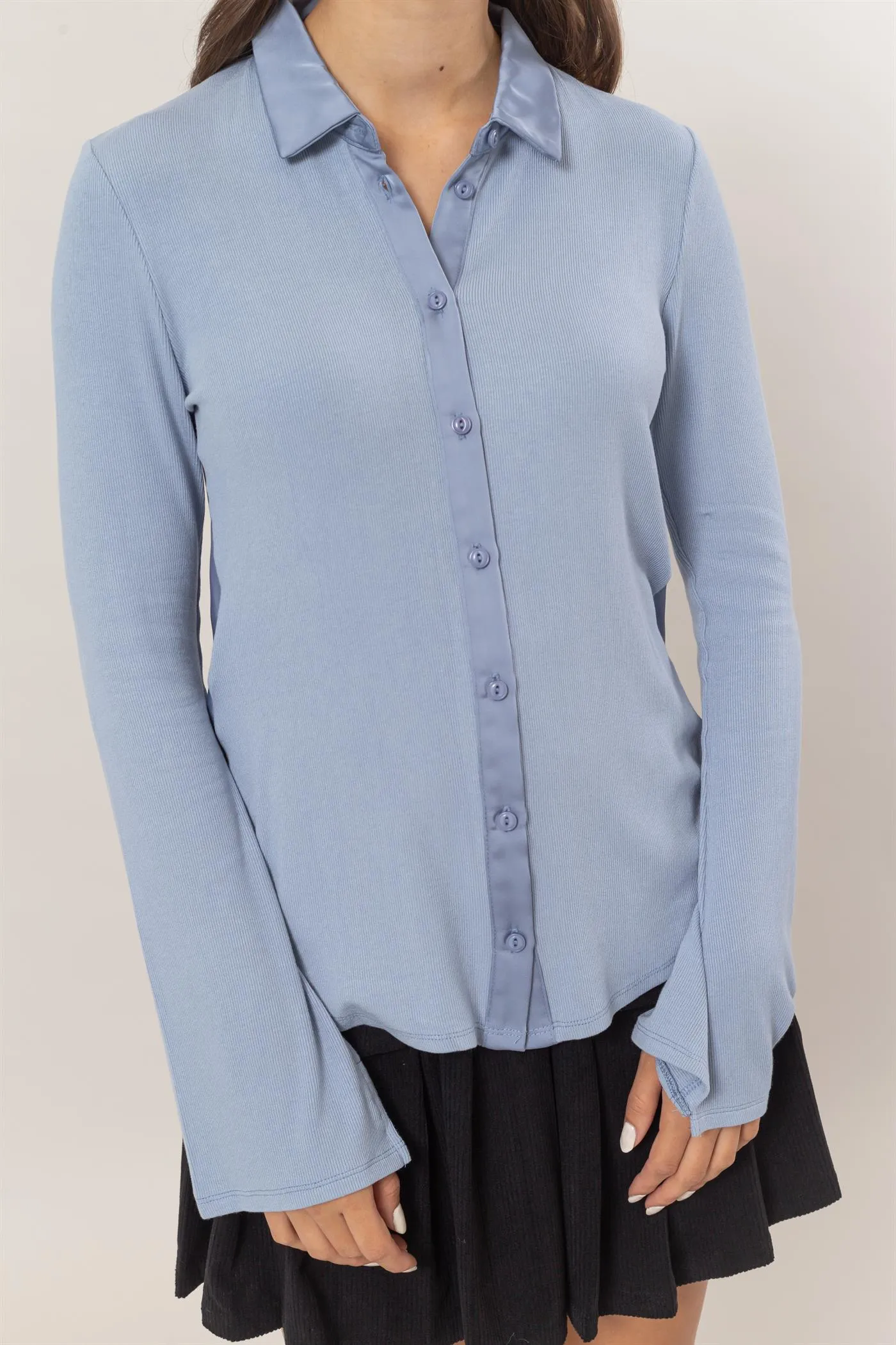 HF25C229-Rib Knit Shirt With Button Placket