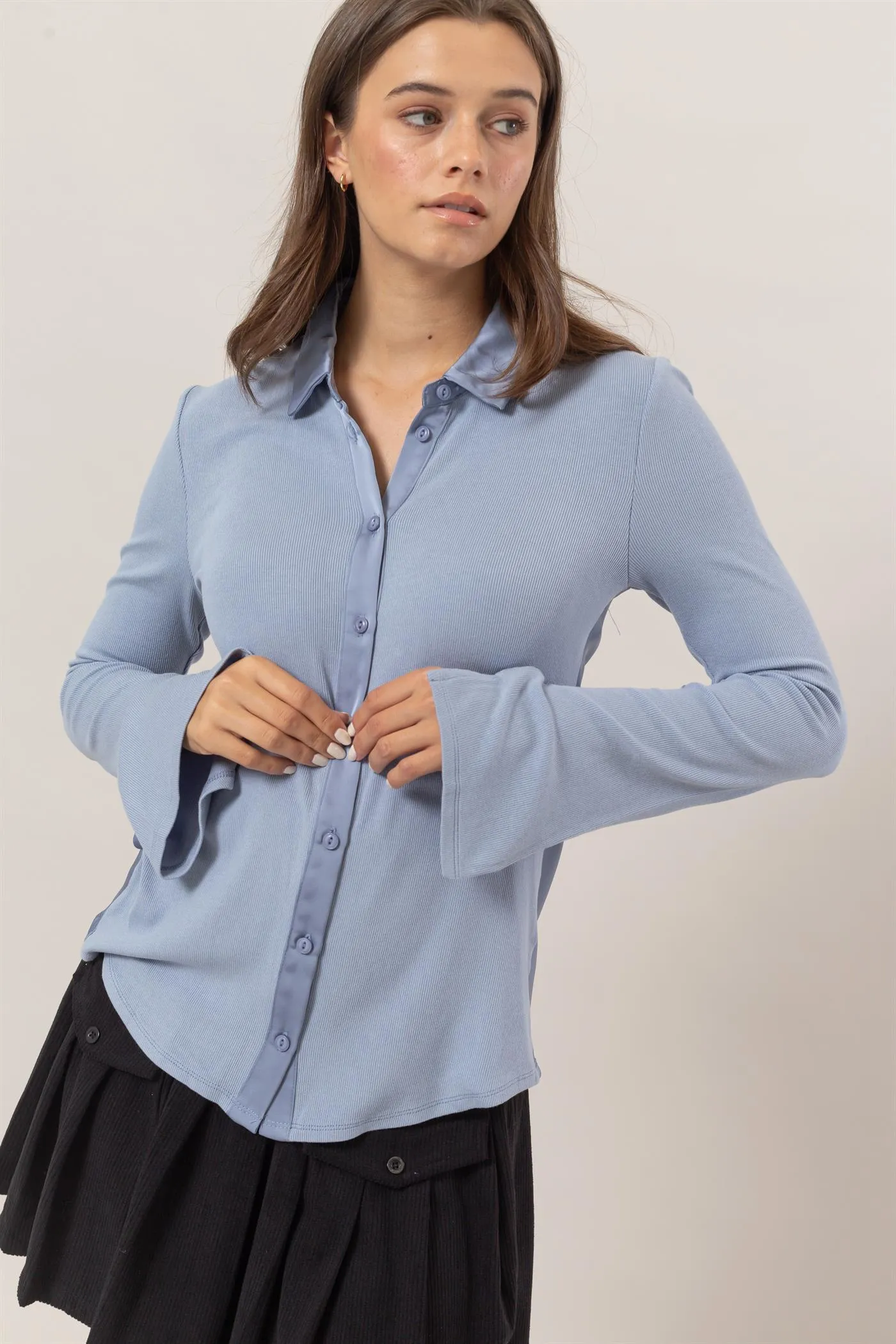 HF25C229-Rib Knit Shirt With Button Placket