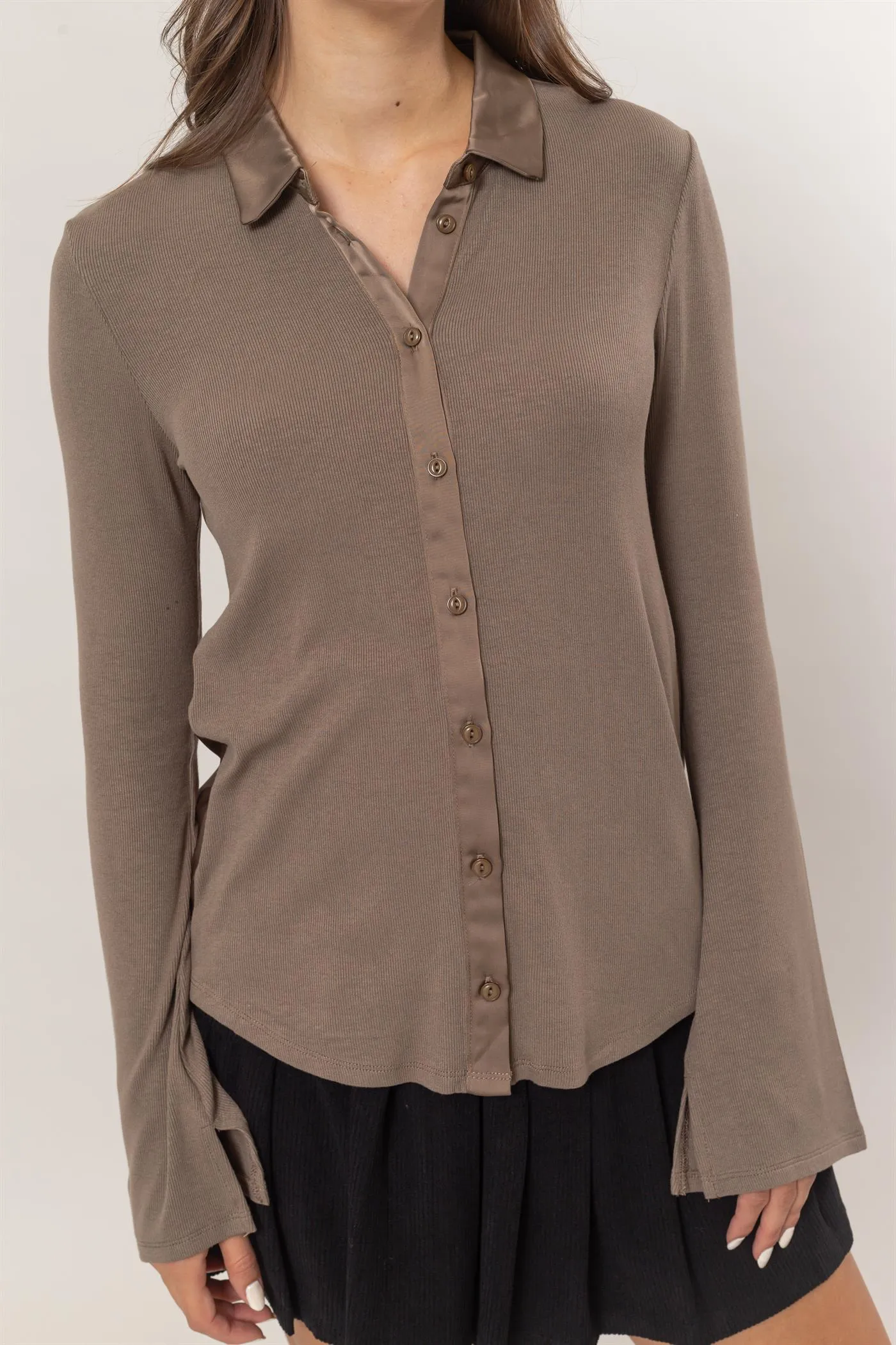 HF25C229-Rib Knit Shirt With Button Placket